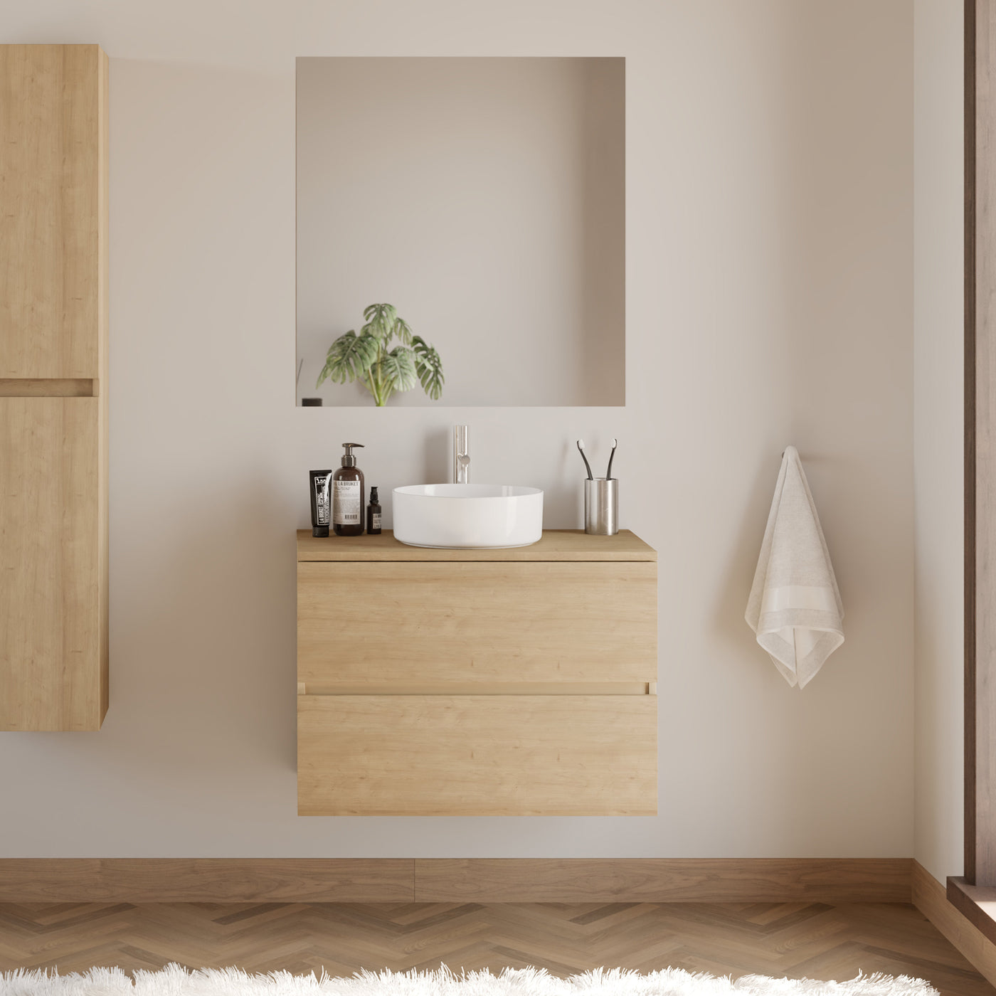 Meuble De Salle De Bain 60cm Avec Plateau Et Vasque À Poser Ronde - 2 Tiroirs - Nebraska (chêne Clair) - Ida