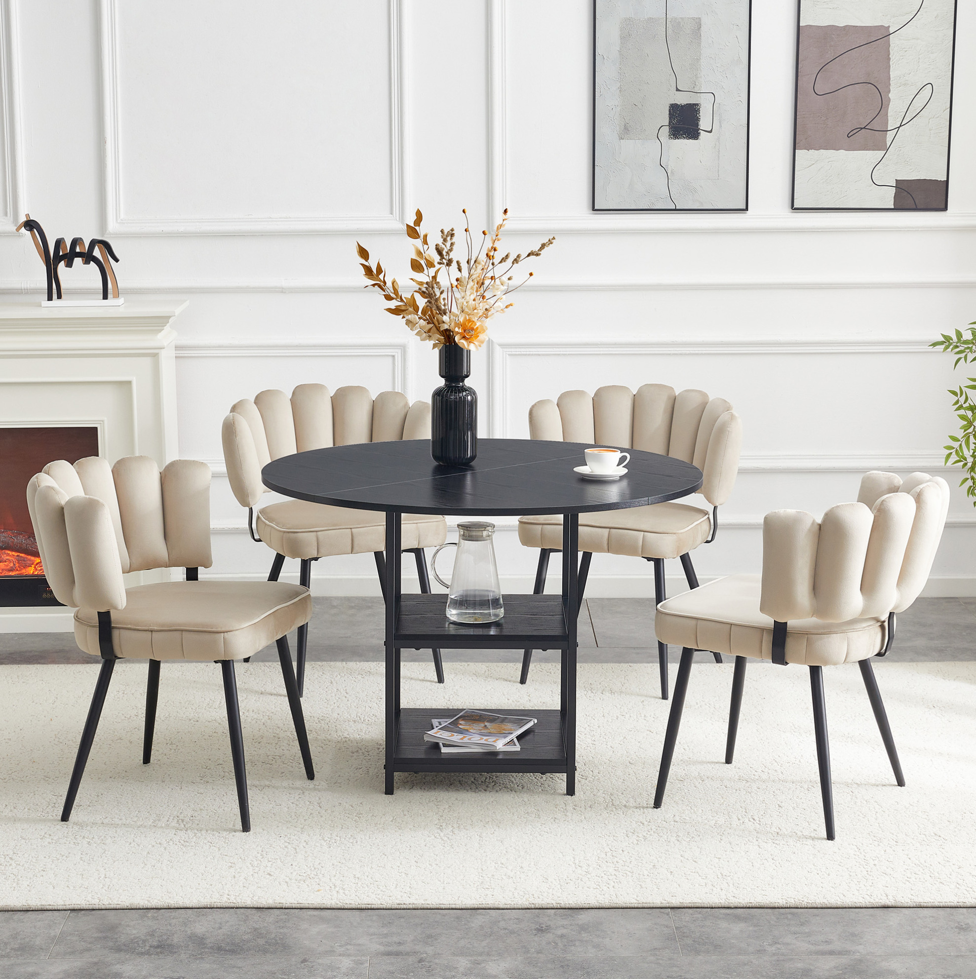 Ensemble Table Ronde 107 Cm Et 4 Chaises De Salle À Manger En Tissu, Noir Et Marron Clair