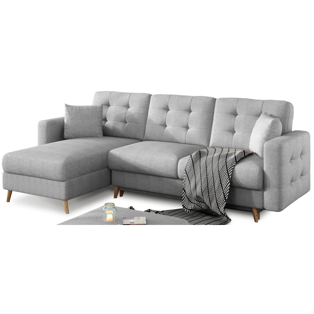 Canapé D'Angle Convertible Hasgard 3 Places Gris 248x162 Cm - Coffre Et Pieds Bois
