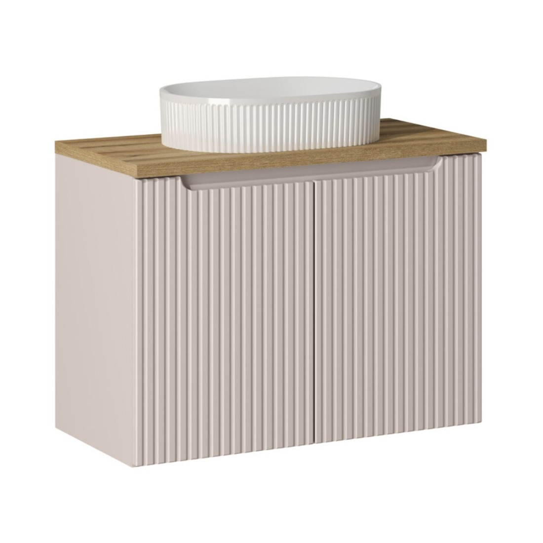 Ensemble Vano Cachemire Et Chêne 80cm: Meuble Sous Vasque À Placards + Plan Pour Vasque + Vasque À Poser Rainurée Blanche