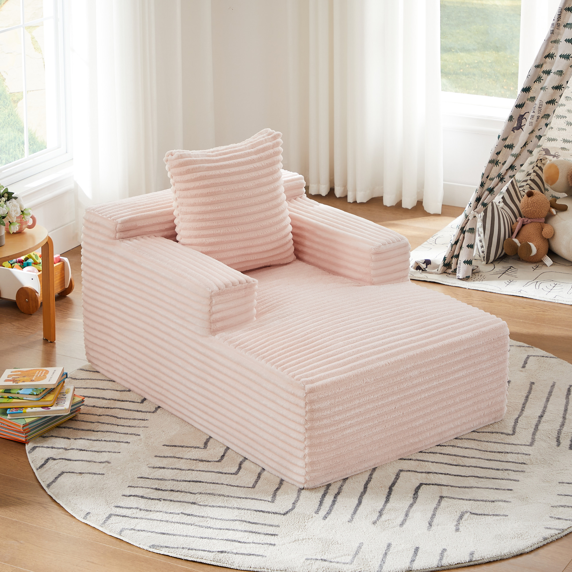 Chaiselongue Confortable Sans Montage En Velours Côtelé, 117 X 81 X 50 Cm, Rose, Redom