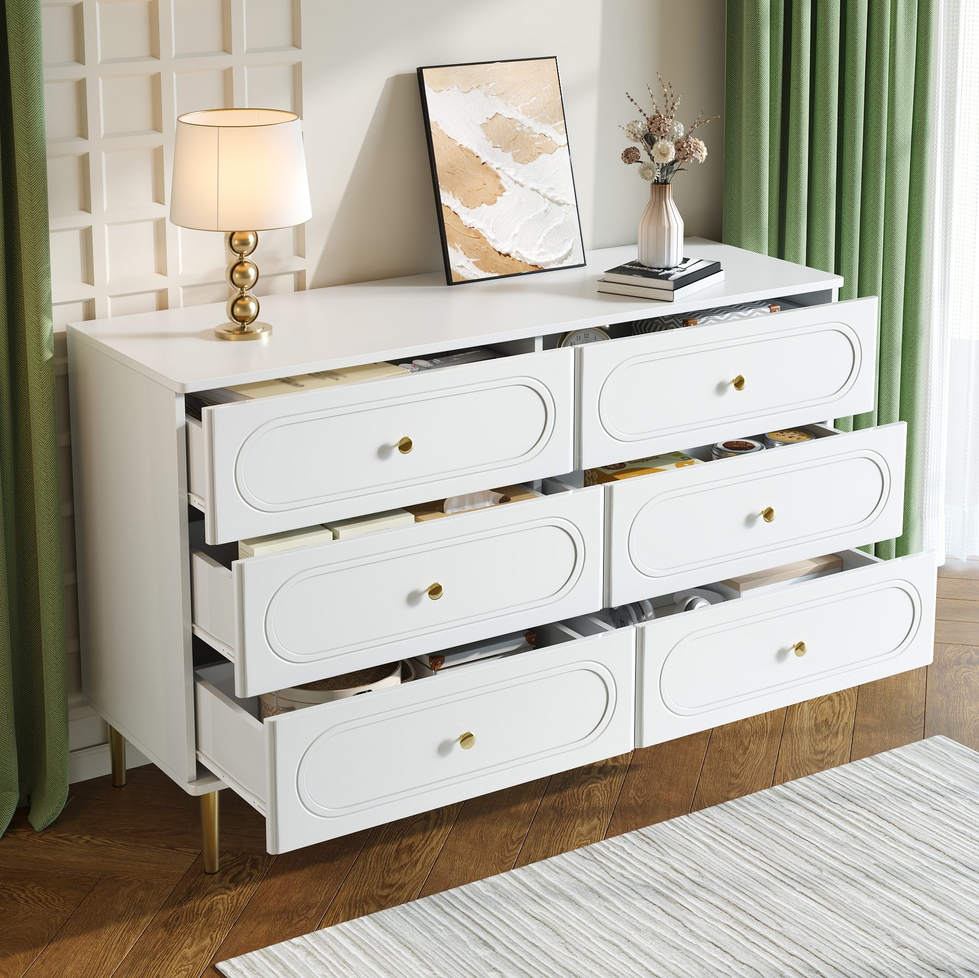 Sideboard Blanc À 6 Tiroirs, Pieds Métalliques, 120 X 40 X 75 Cm, Mdf Et Pb