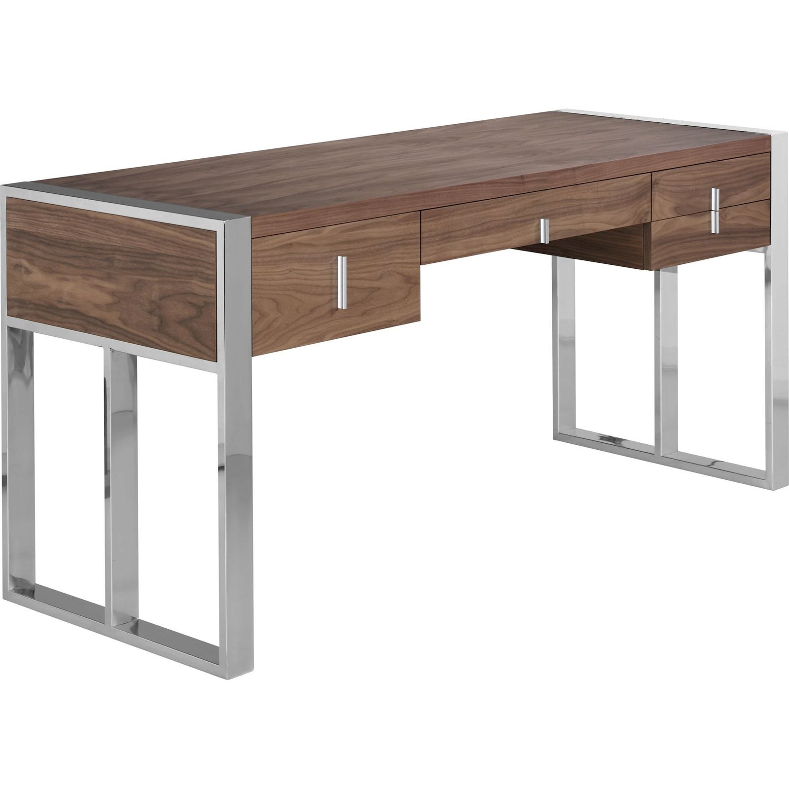 Bureau Bois 4 Tiroirs Pieds Acier Inoxydable Chromé - Noyer, Acier Inoxydable
