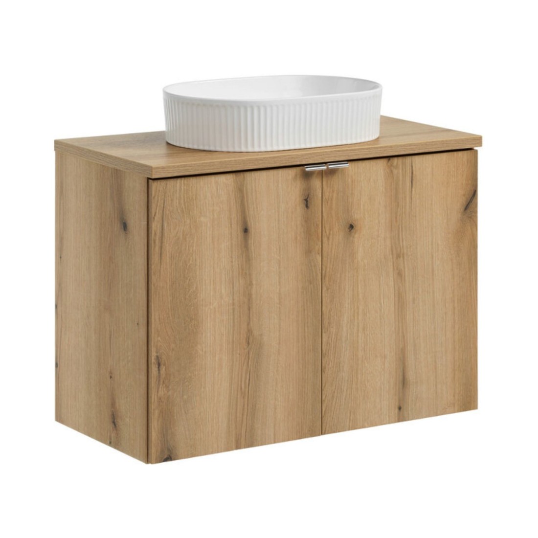 Ensemble Vano Aspect Chêne 80cm: Meubles Sous Vasque À Placards + Plan Pour Vasque + Vasque À Poser Rainurée Blanche
