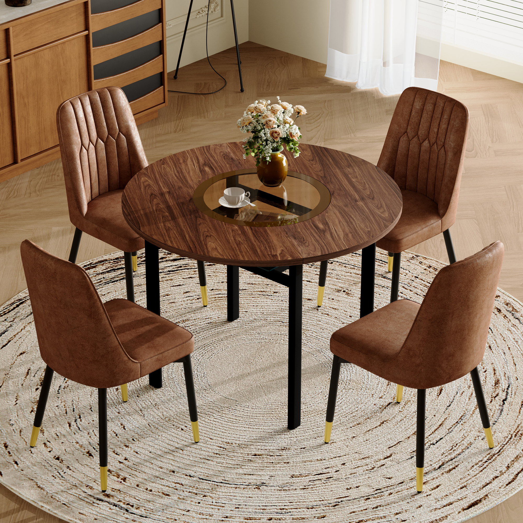 Redom Ensemble Table À Manger Ronde 100x100 Cm Avec 4 Chaises, Plateau Mdf Avec Verre, Tissu Marron