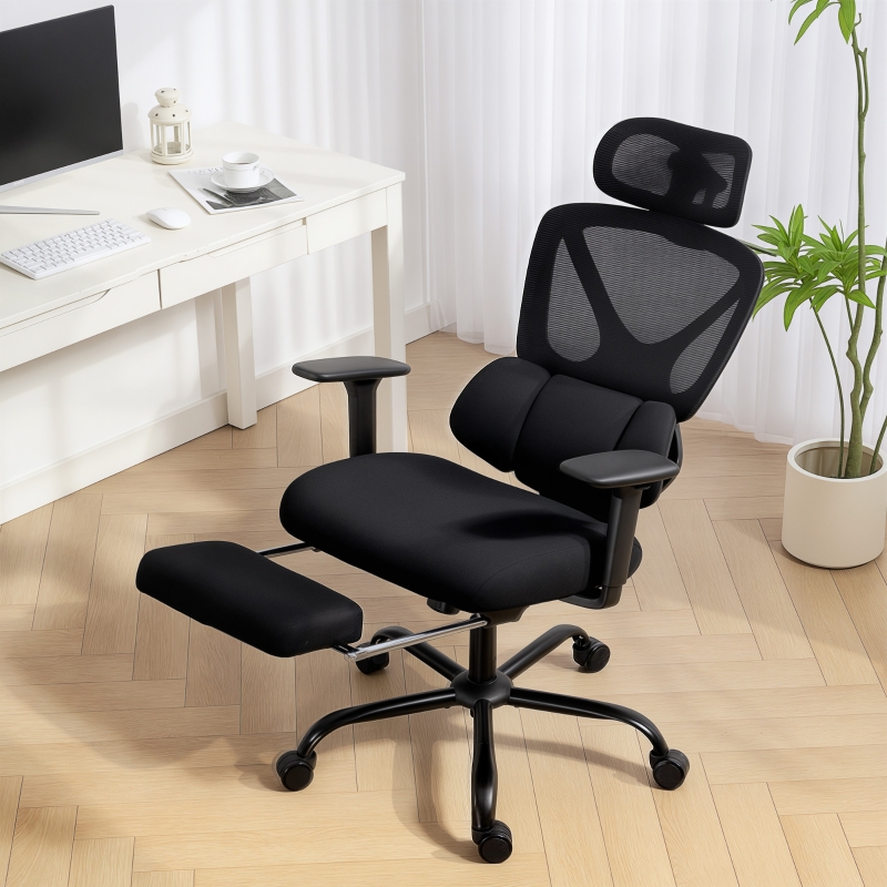 Chaise De Bureau Ergonomique Noire À Roulettes, Dossier En Maille, Appui-tête Réglable