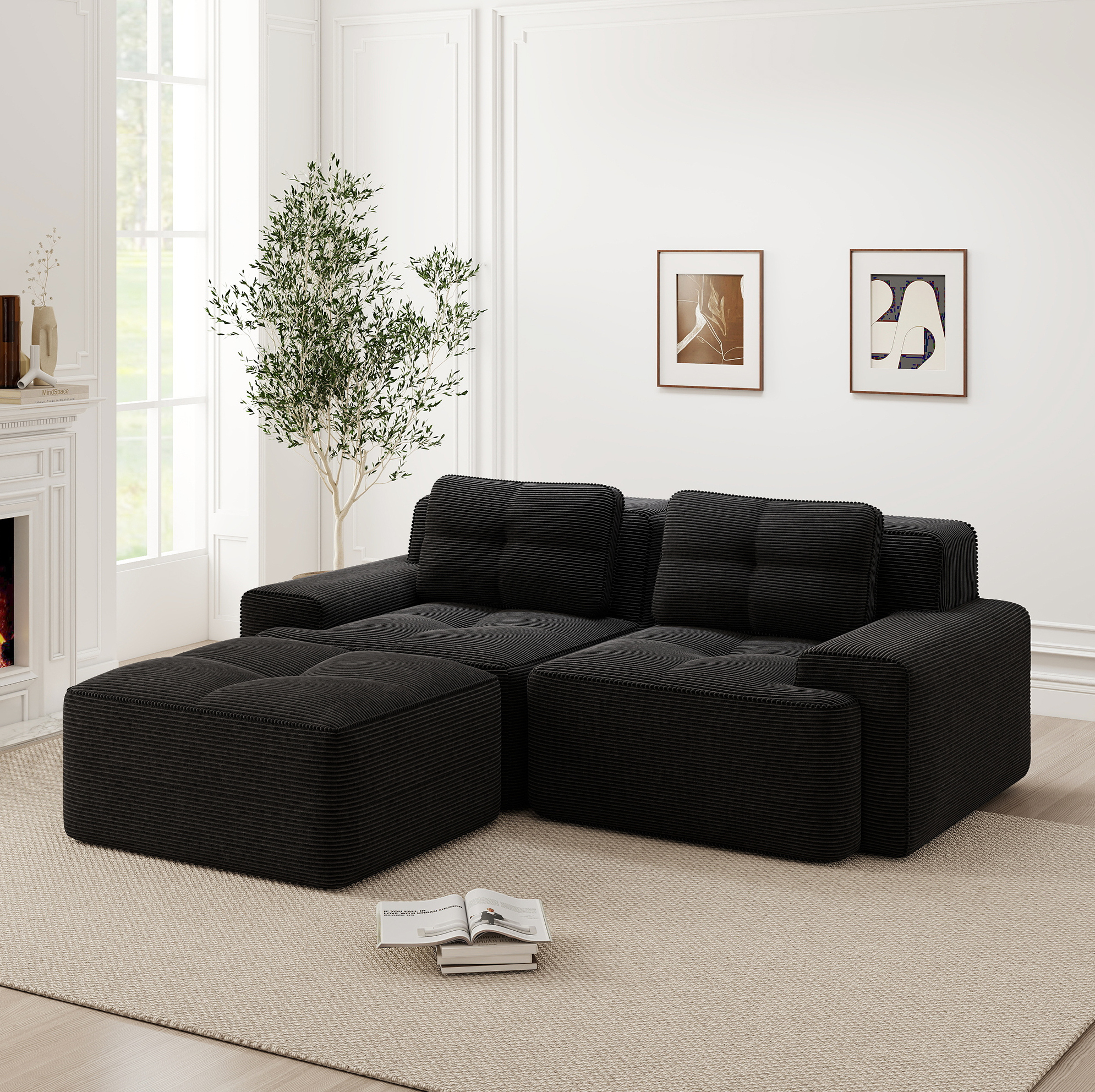 Redom - Canapé D'Angle 2 Places Modulable, Assise Profonde, Dossier Galbé, Tissu Corduroy Noir