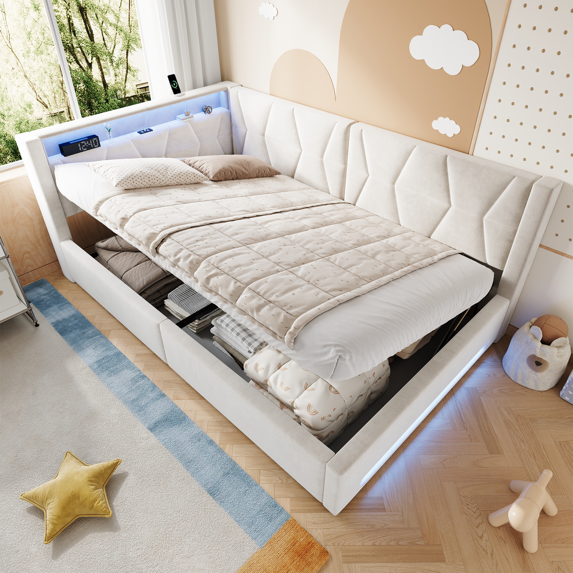 Lit Capitonné 140x200 Cm Avec Coffre, Led, Usb/type-c, Velours Beige, Redom