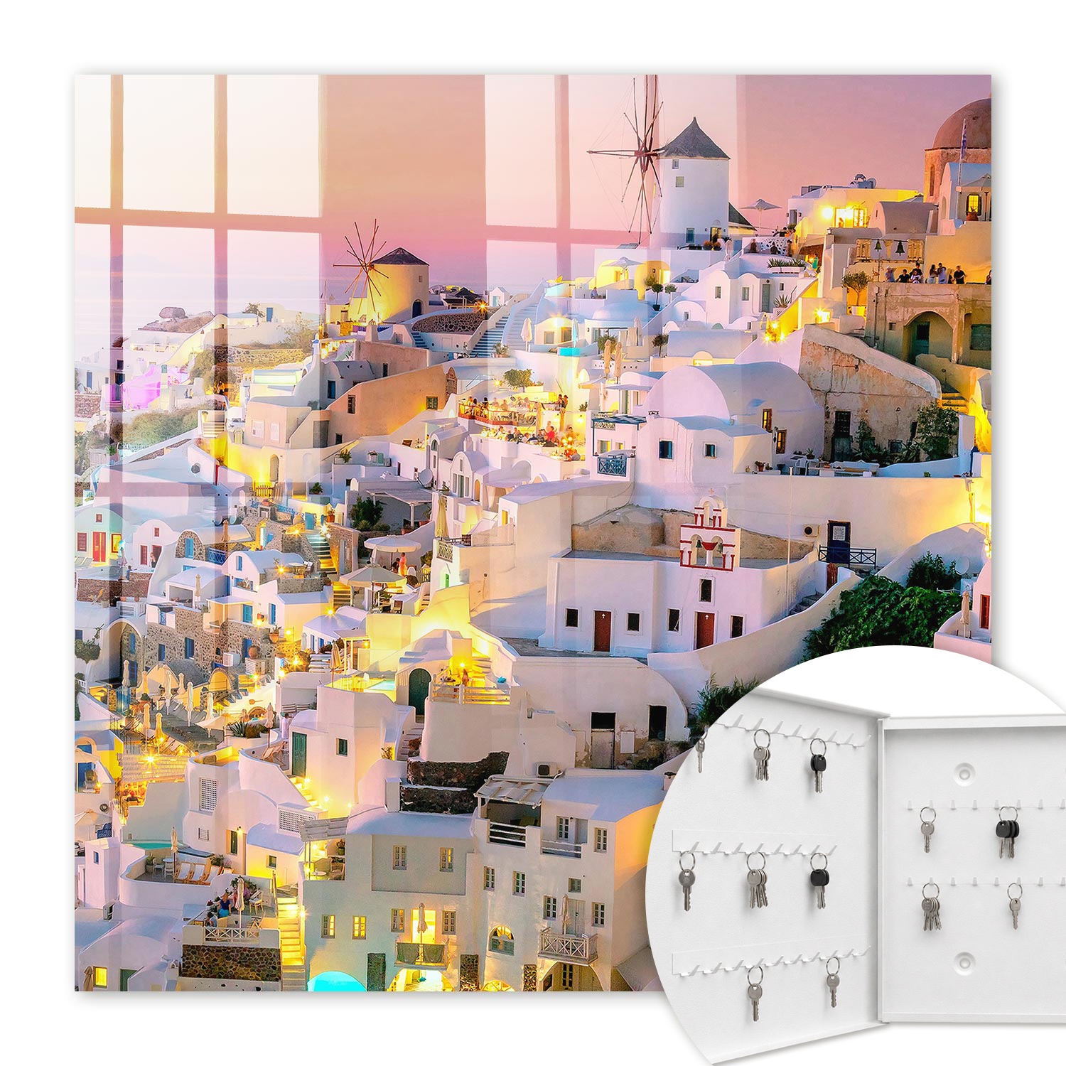 Armoire À Clés - (30 Cm X 30 Cm) - Boîte À Clés Murale - Coffret De Rangement Pour Clés - Couleur Blanche - Ouverture Vers La Gauche - Pour Maison Et Bureau - Paysage Grec