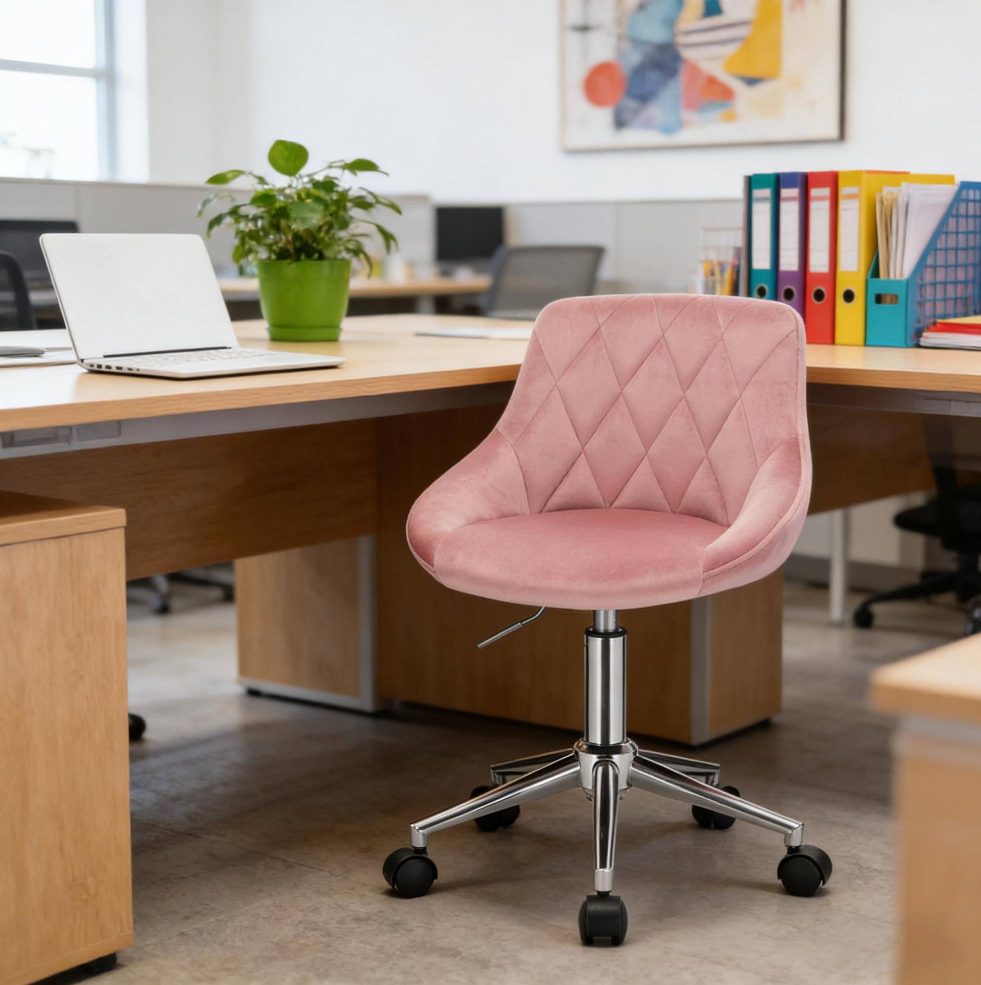 Chaise De Bureau Pivotante À Roulettes, Velours Rose, Hauteur Réglable, 31,5 X 37,5 Cm