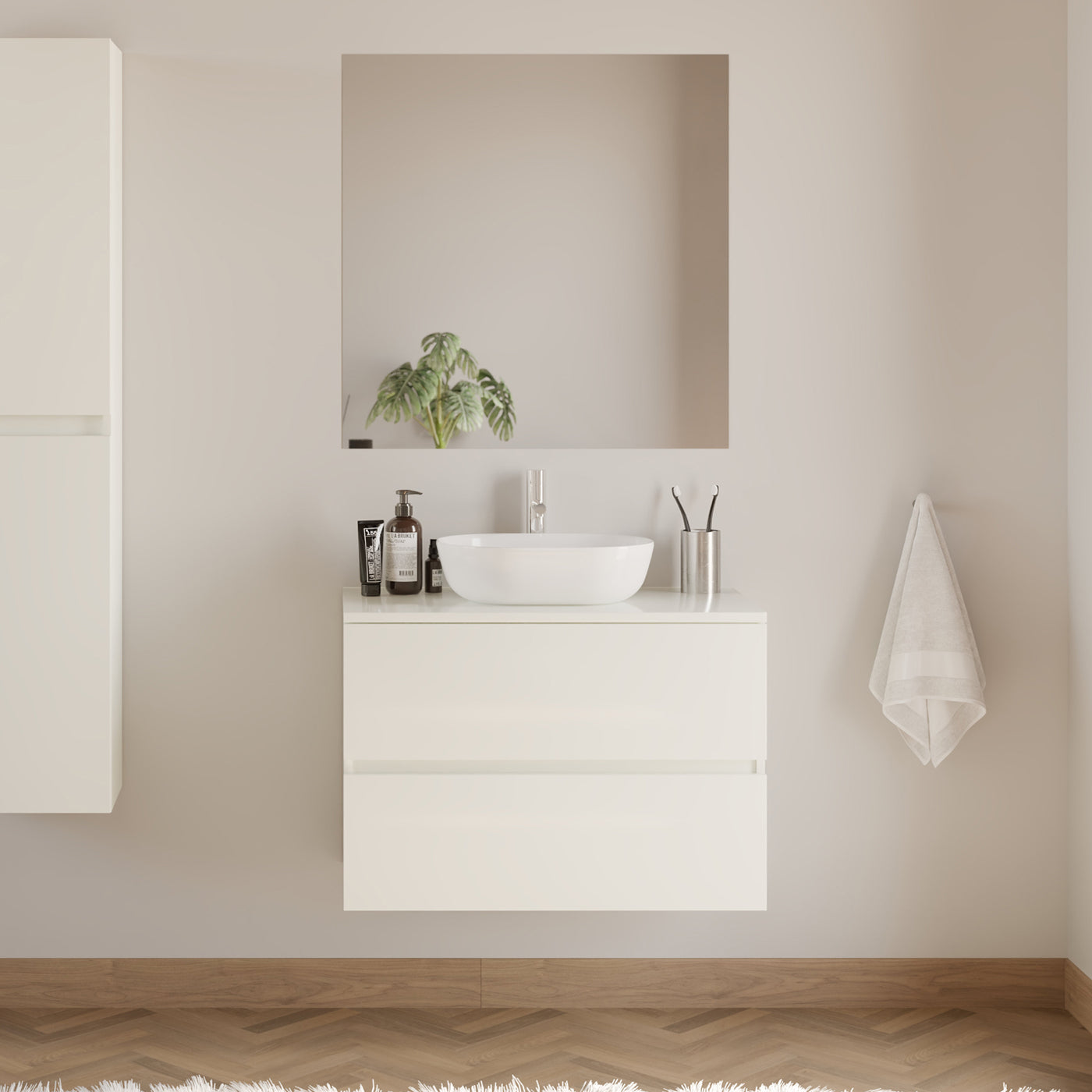 Meuble De Salle De Bain 80cm Avec Plateau Et Vasque À Poser Arrondie - 2 Tiroirs - Blanc Brillant - Ida
