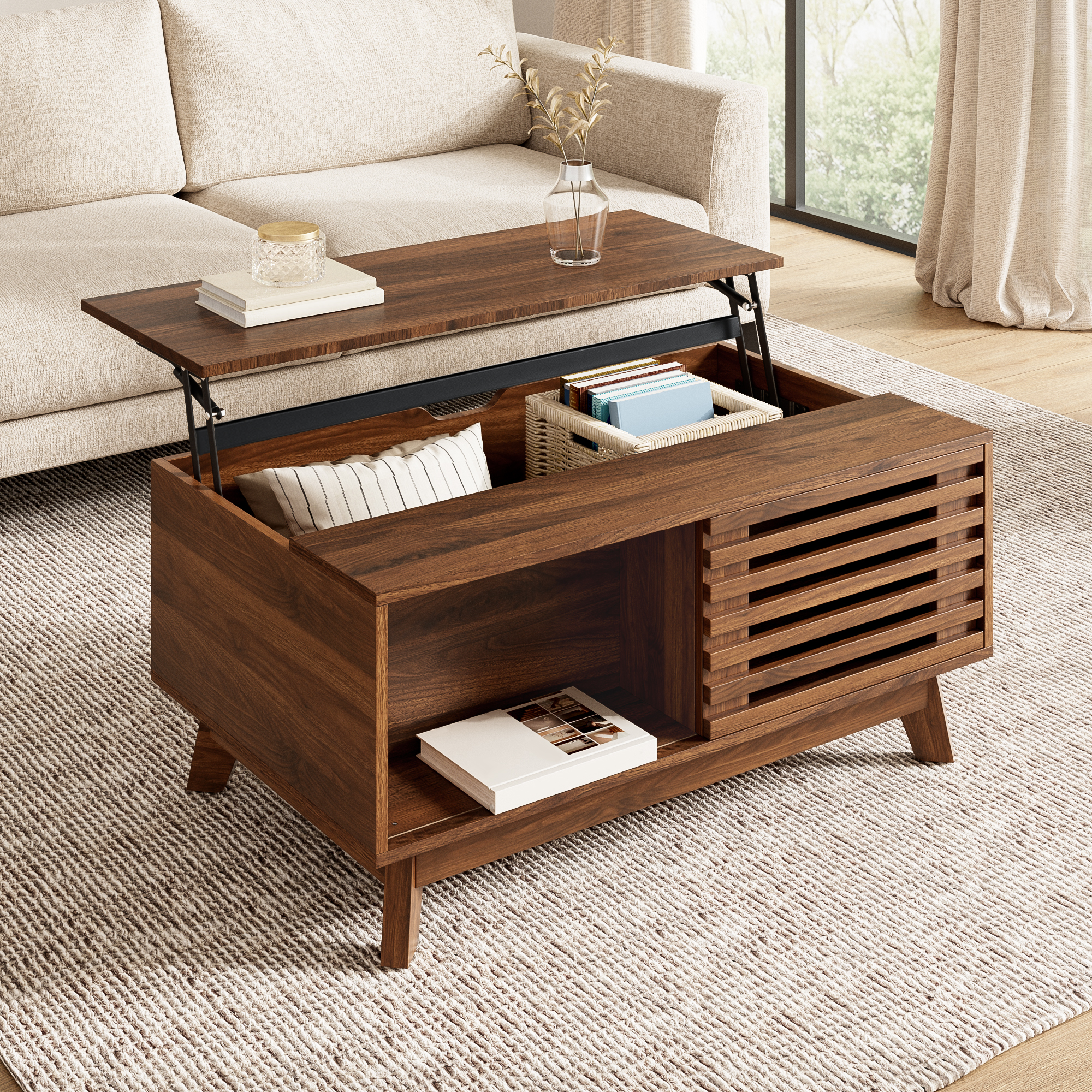 Redom Table Basse 90x55x57.5 Cm Plateau Relevable, Porte À Jalousie Coulissante, Rangement Modulable, Mdf Noyer