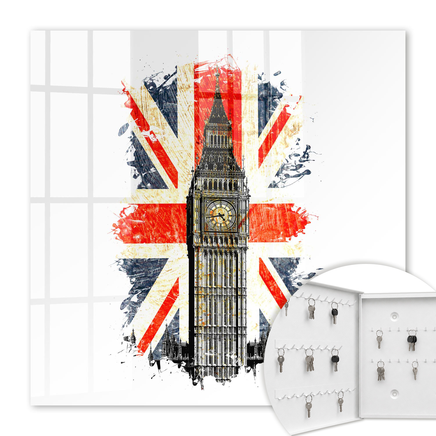 Armoire À Clés - (30 Cm X 30 Cm) - Boîte À Clés Murale - Coffret De Rangement Pour Clés - Couleur Blanche - Ouverture Vers La Gauche - Pour Maison Et Bureau - Symbole Britannique