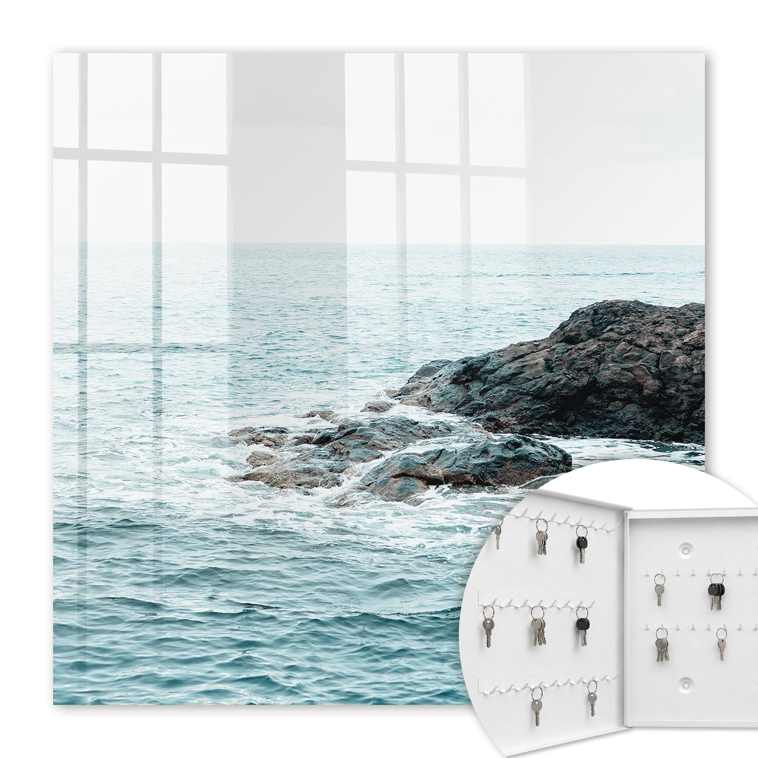 Armoire À Clés - (30 Cm X 30 Cm) - Boîte À Clés Murale - Coffret De Rangement Pour Clés - Couleur Blanche - Ouverture Vers La Gauche - Pour Maison Et Bureau - Vagues De La Mer