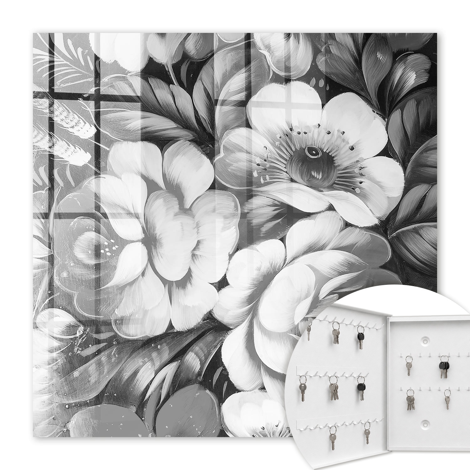Armoire À Clés - (30 Cm X 30 Cm) - Boîte À Clés Murale - Coffret De Rangement Pour Clés - Couleur Blanche - Ouverture Vers La Gauche - Pour Maison Et Bureau - Fleurs Monochromes