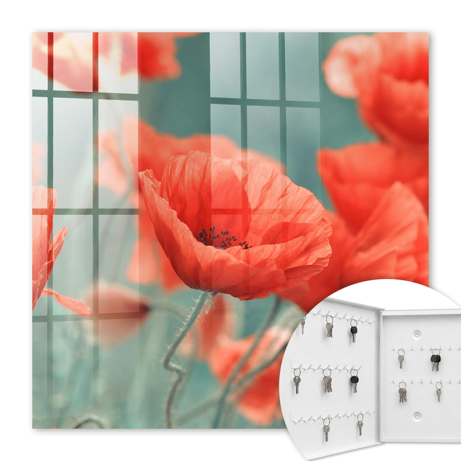 Armoire À Clés - (30 Cm X 30 Cm) - Boîte À Clés Murale - Coffret De Rangement Pour Clés - Couleur Blanche - Ouverture Vers La Gauche - Pour Maison Et Bureau - Coquelicots Rouges