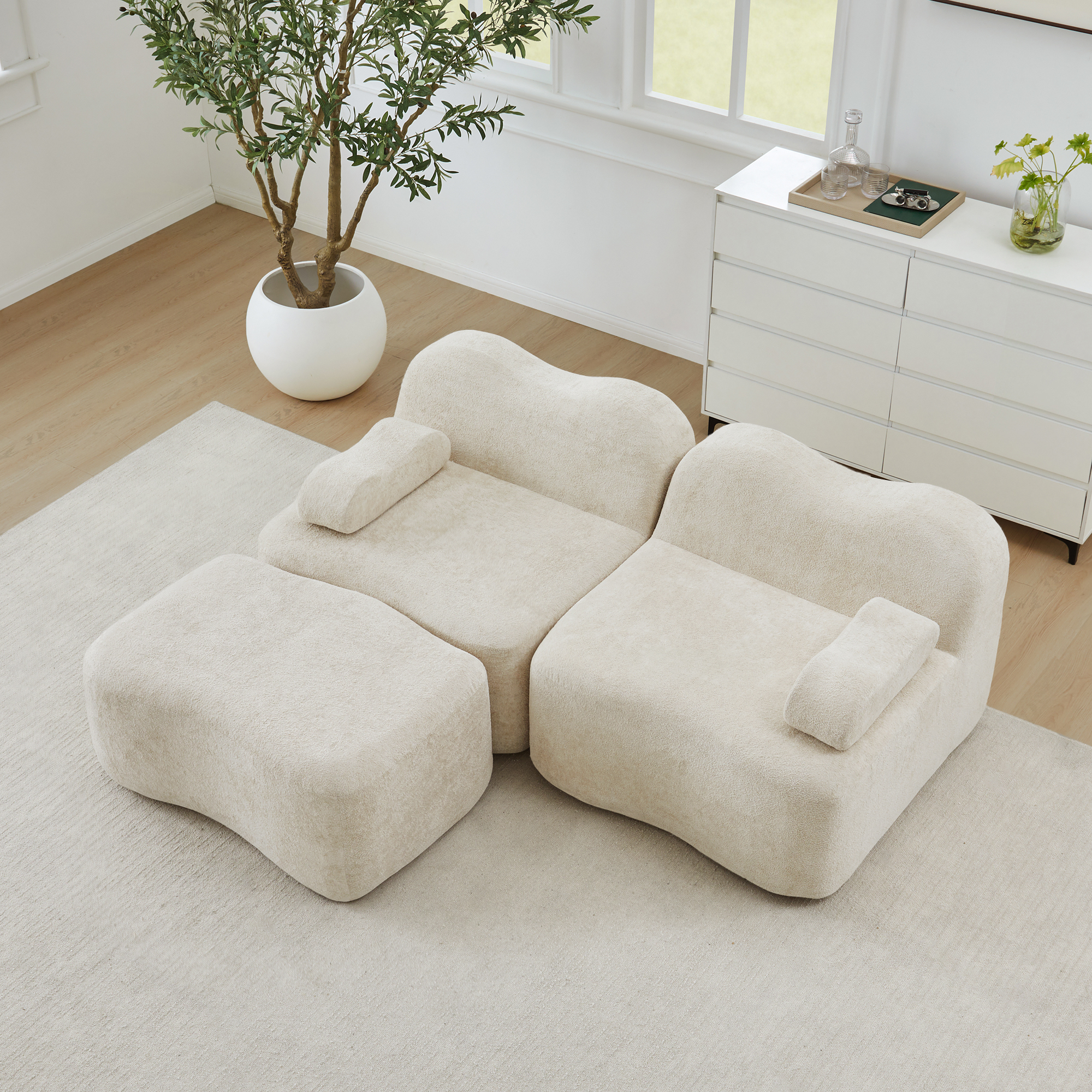 Redom Canapé 2 Places Modulaire D'Angle, Ottomane Reliée, Forme Ondulée, Sans Montage, Velours Beige