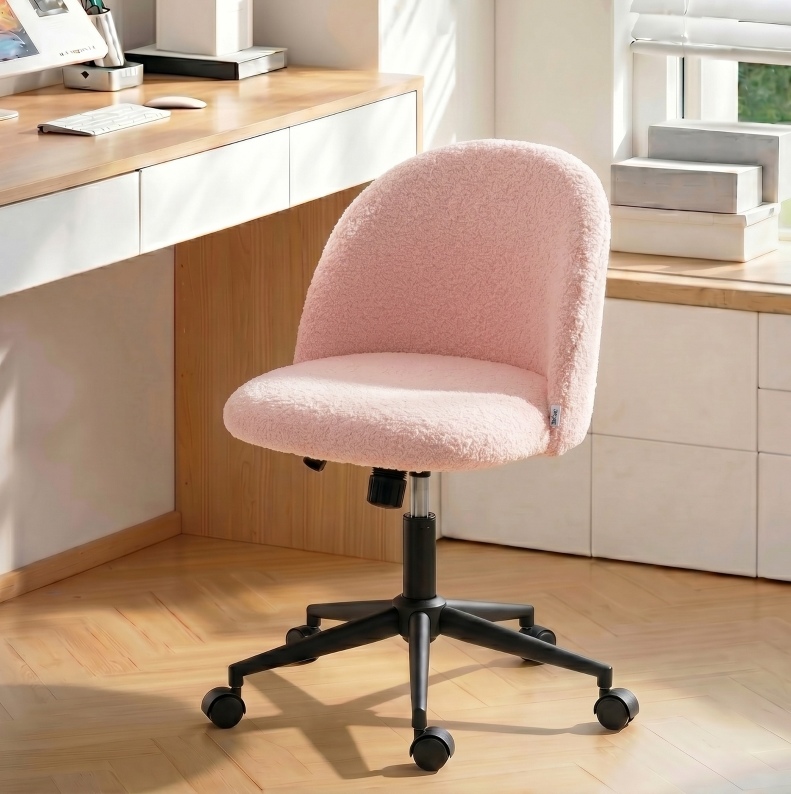 Chaise De Bureau Pivotante En Tissu Teddy Rose, Réglable En Hauteur, Avec Roulettes