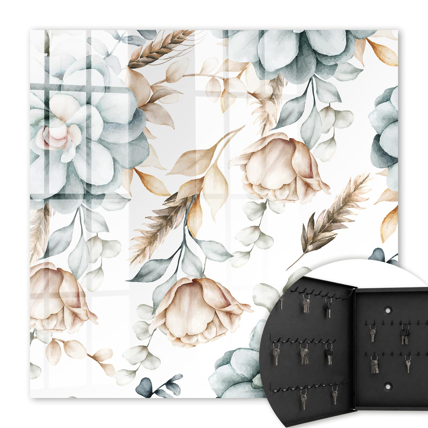 Armoire À Clés - (30 Cm X 30 Cm) - Boîte À Clés Murale - Coffret De Rangement Pour Clés - Couleur Noire - Ouverture Vers La Gauche - Pour Maison Et Bureau - Fleurs À L'Aquarelle