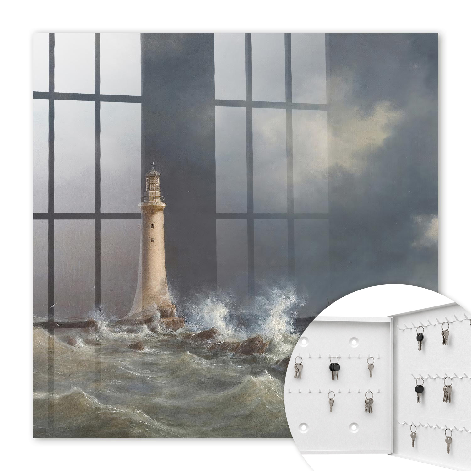 Armoire À Clés - (30 Cm X 30 Cm) - Boîte À Clés Murale - Coffret De Rangement Pour Clés - Couleur Blanche - Ouverture Vers La Droite - Pour Maison Et Bureau - Mer Agitée