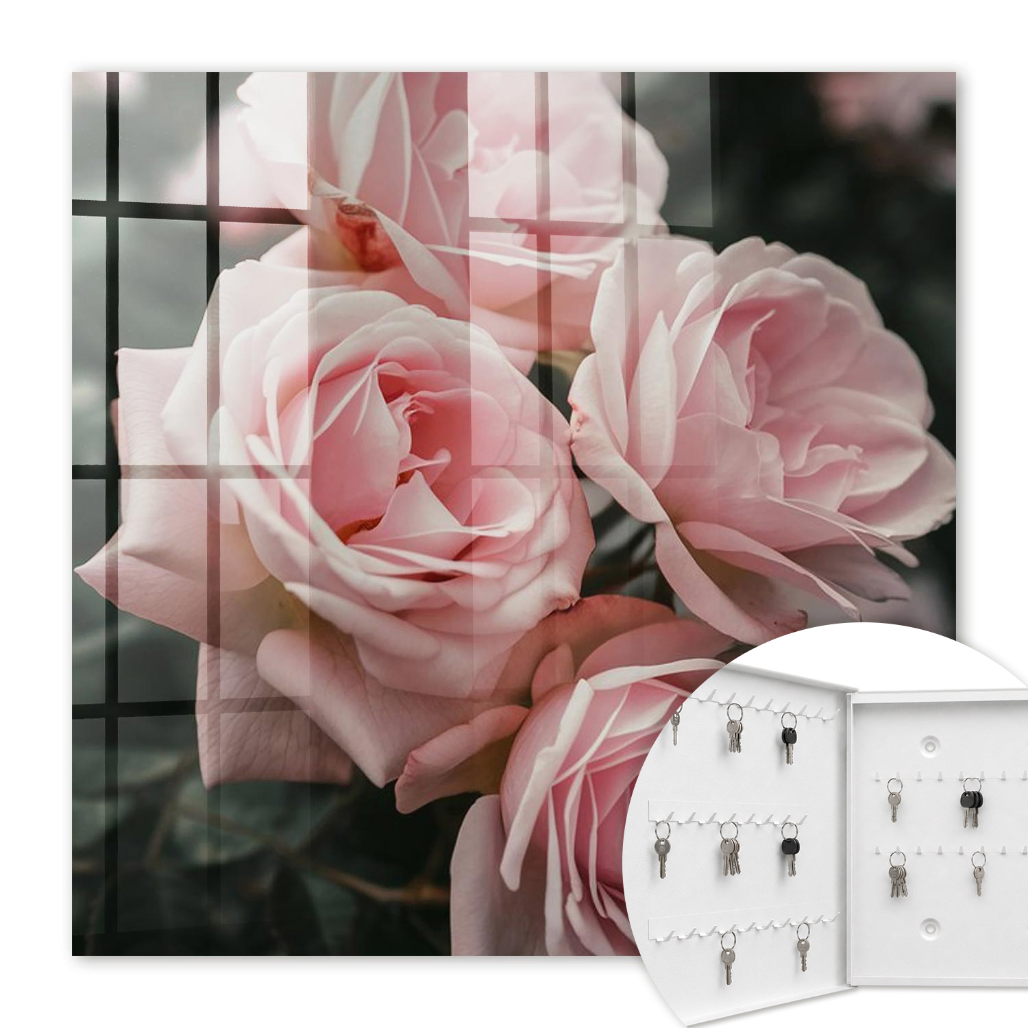 Armoire À Clés - (30 Cm X 30 Cm) - Boîte À Clés Murale - Coffret De Rangement Pour Clés - Couleur Blanche - Ouverture Vers La Gauche - Pour Maison Et Bureau - Roses Roses