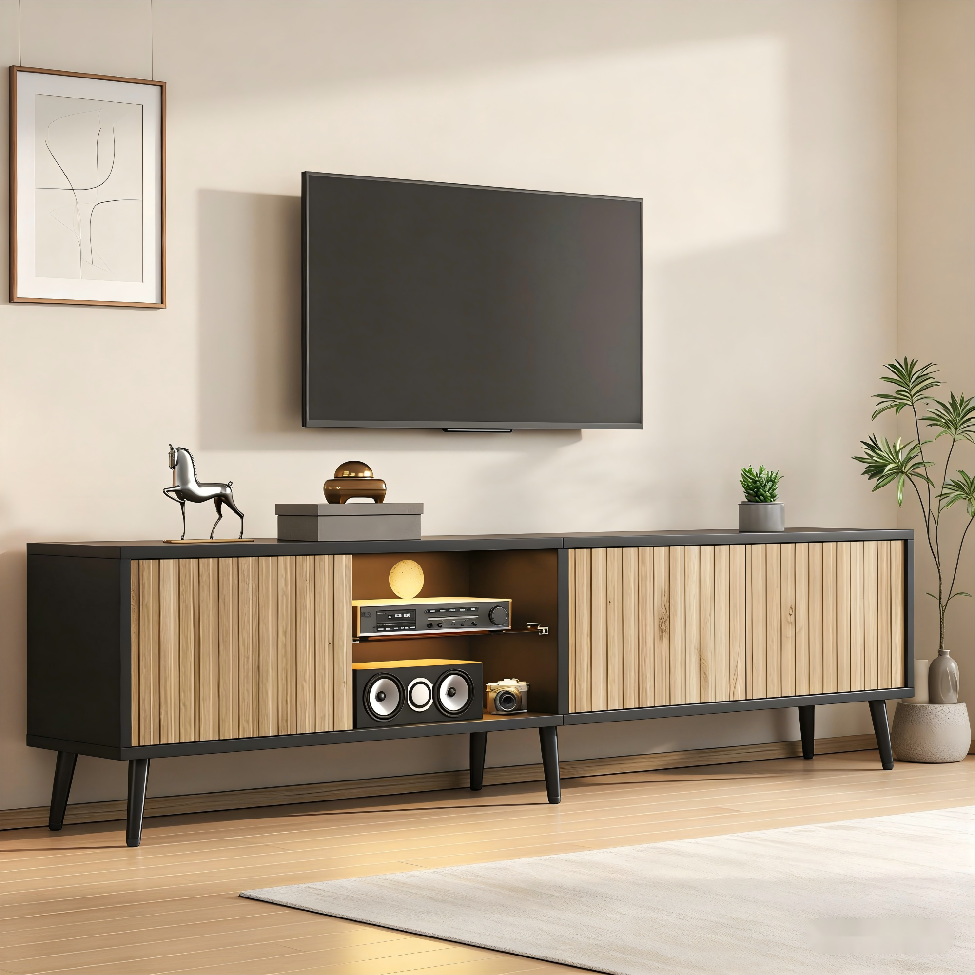 Redom Meuble Tv 175x31x43.5 Cm Led Contrôlée Par Application, 3 Portes Et 6 Pieds, Panneaux De Particules, Bois Naturel Et Noir