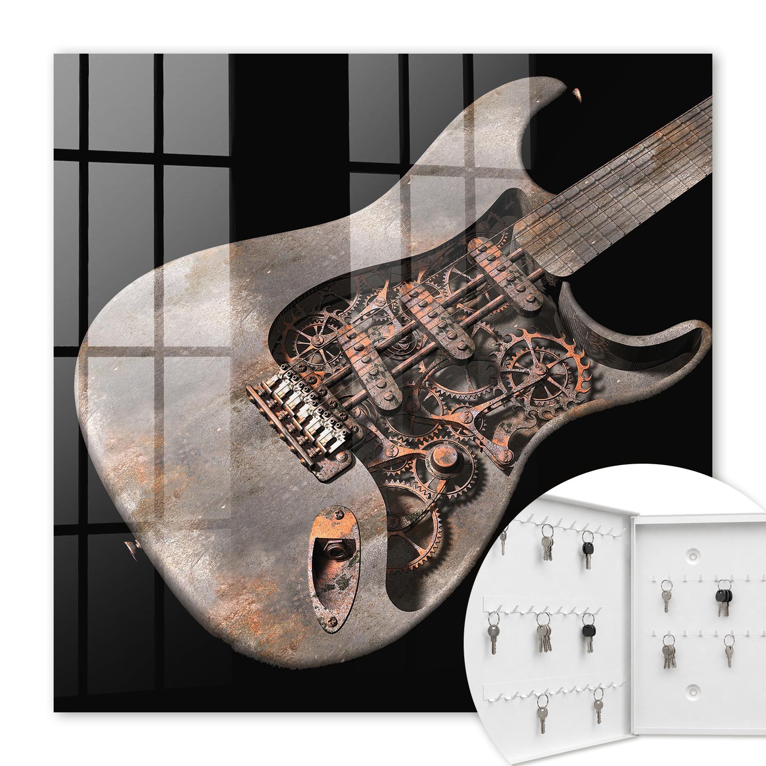Armoire À Clés - (30 Cm X 30 Cm) - Boîte À Clés Murale - Coffret De Rangement Pour Clés - Couleur Blanche - Ouverture Vers La Gauche - Pour Maison Et Bureau - Guitare Mécanique