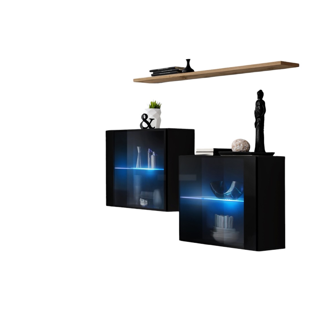 Meublorama - Ensemble Salon Switch Sbiii Noir Brillant, Porte Vitrée Led Intégrée, Étagére Chêne Wotan, Moderne