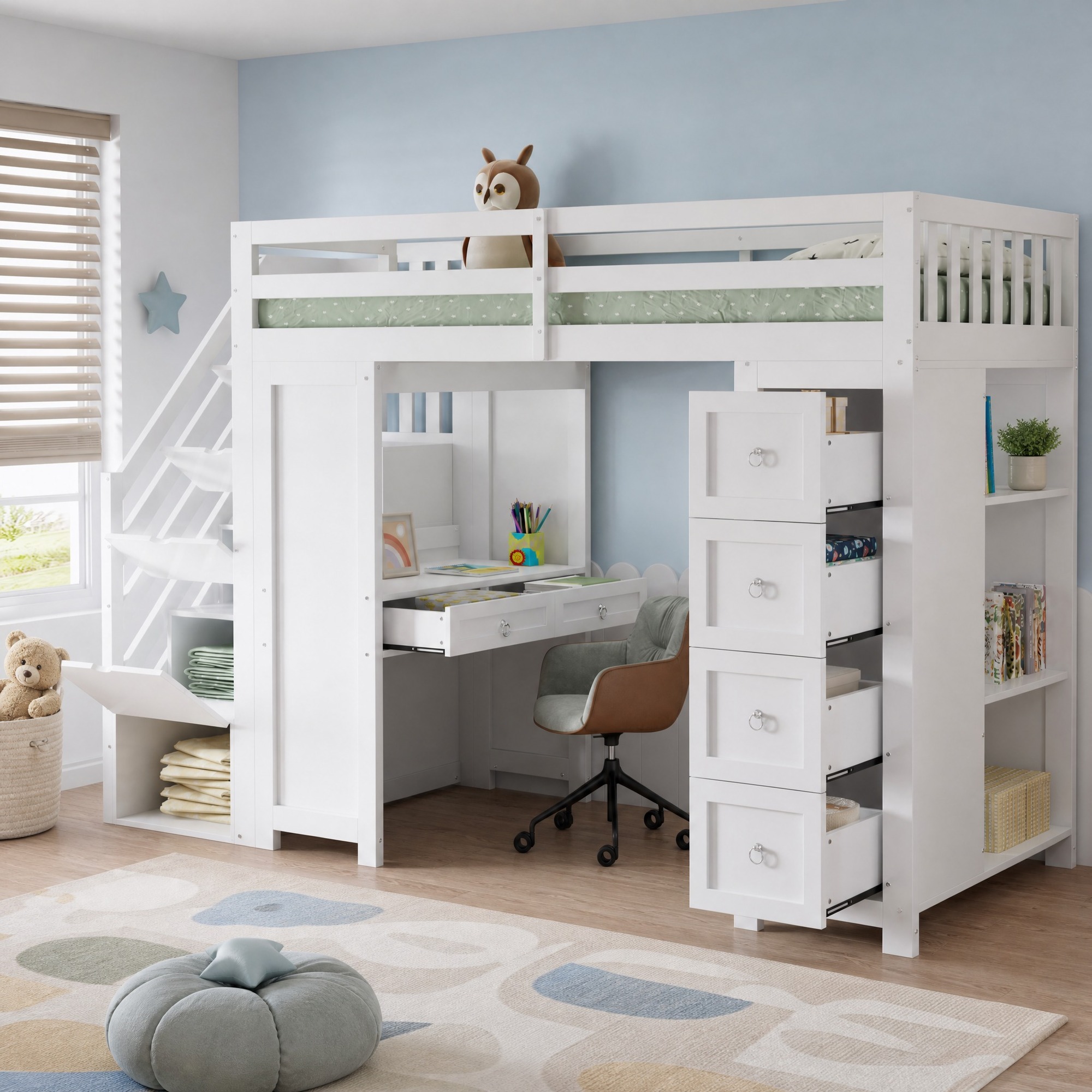 Lit Mezzanine Enfant 90x200 Cm Avec Bureau, Rangements Et Échelle, Bois, Blanc