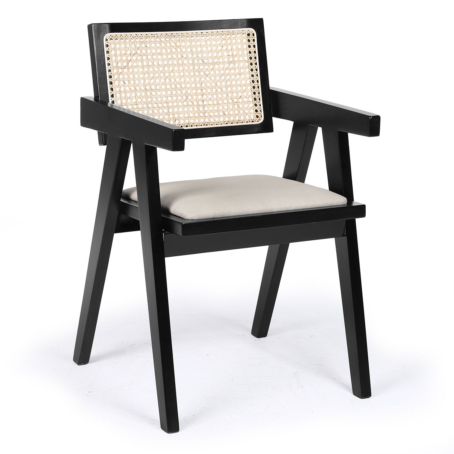 Chaise Design Avec Accoudoirs Et Cannage Rotin Hiro Bois Foncé Et Tissu Beige