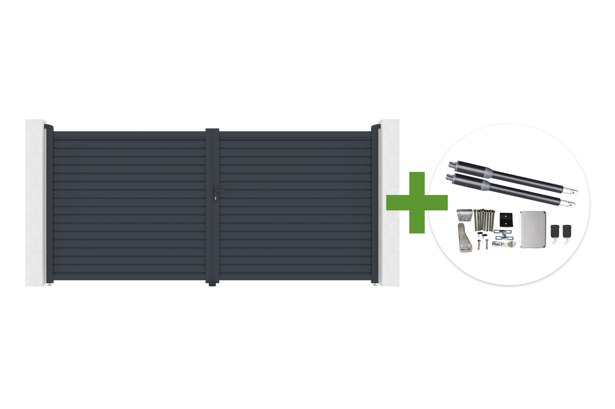 Portail Battant 4m Calancia H.180cm Lames Persiennes Aluminium Gris + Moteur Ranger B150