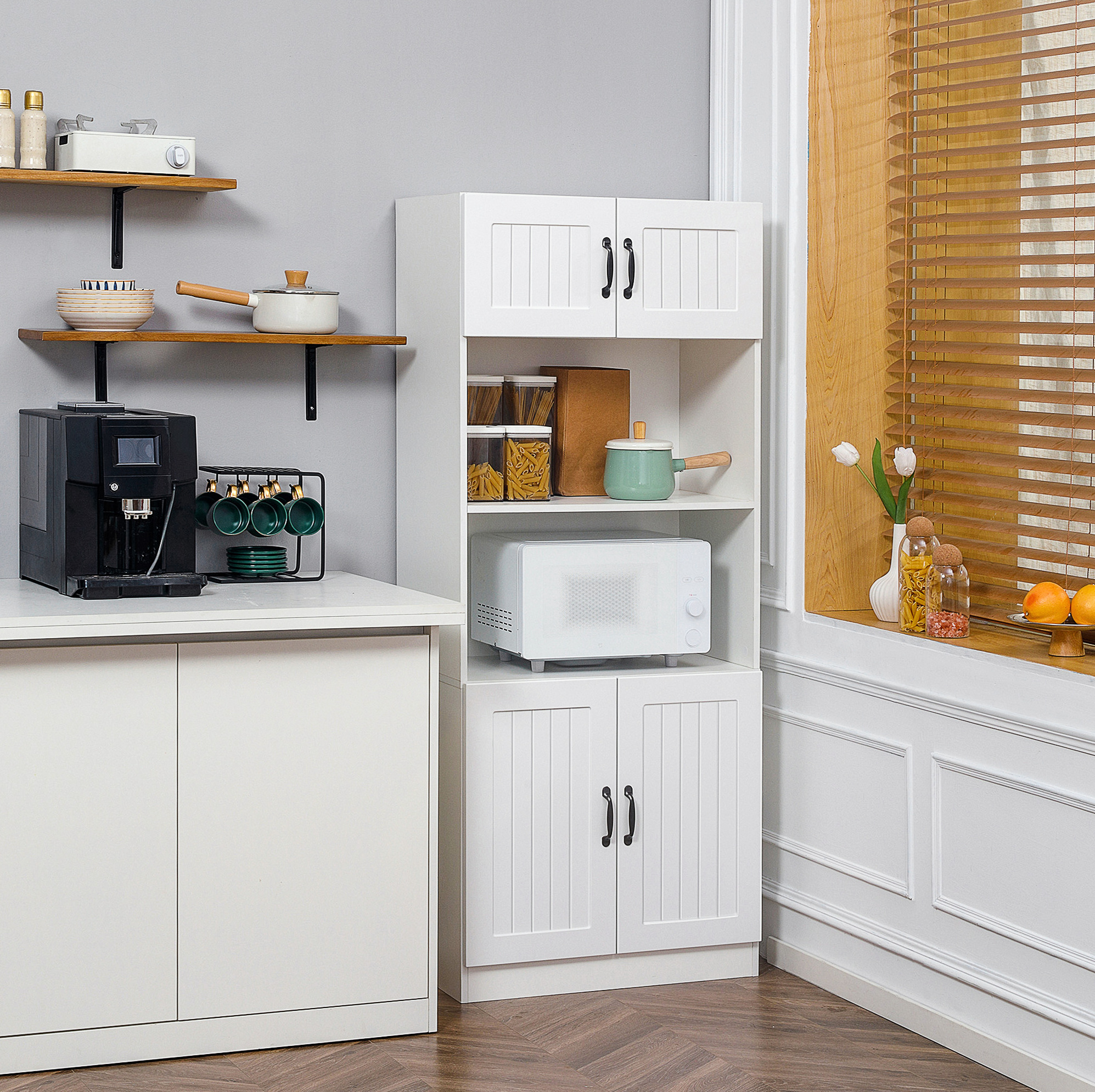 Mueble De Cocina Armario Alto (70x40x170 Cm), Con 4 Estantes, Puerta Ajustable, Mdf Blanco
