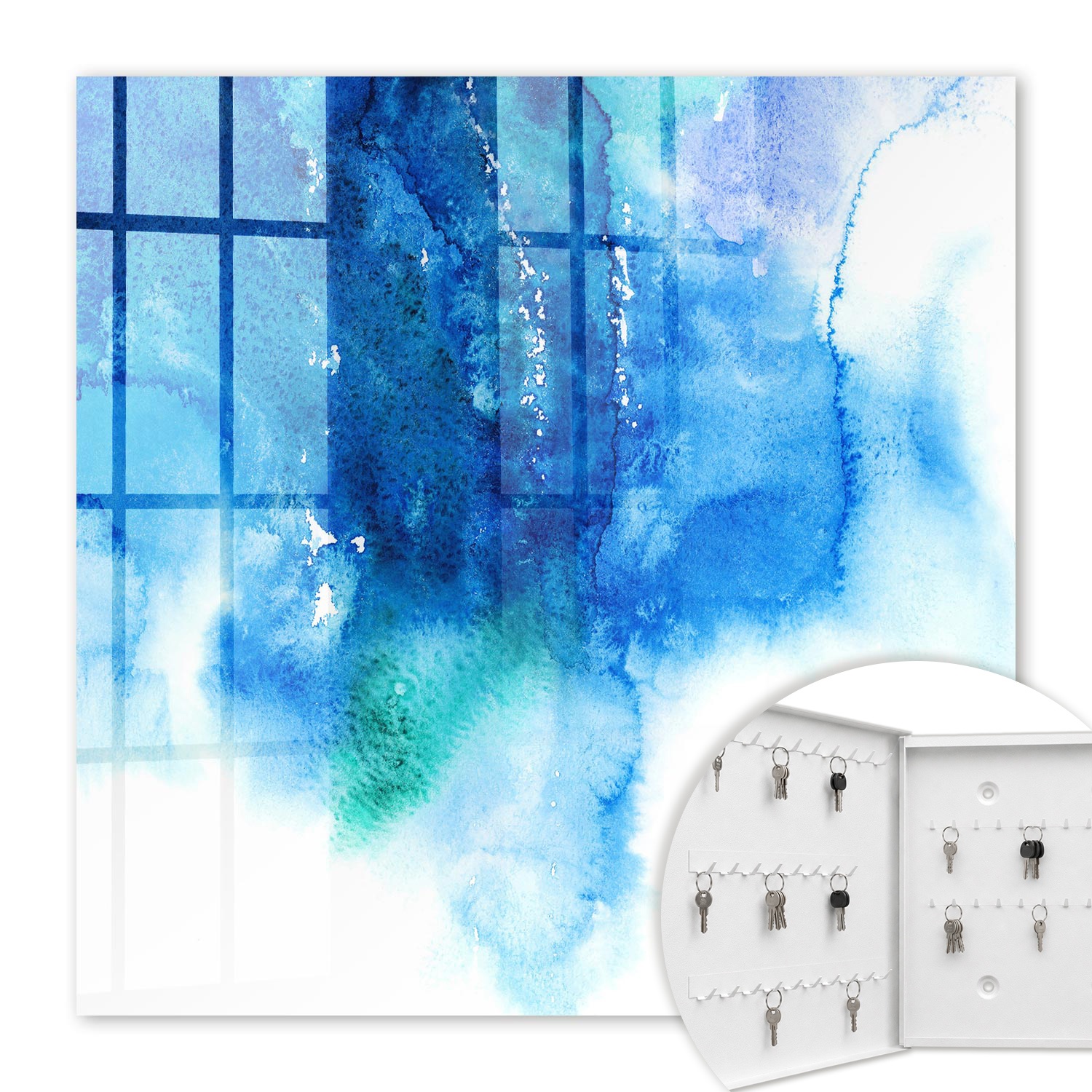 Armoire À Clés - (30 Cm X 30 Cm) - Boîte À Clés Murale - Coffret De Rangement Pour Clés - Couleur Blanche - Ouverture Vers La Gauche - Pour Maison Et Bureau - Vagues Bleues