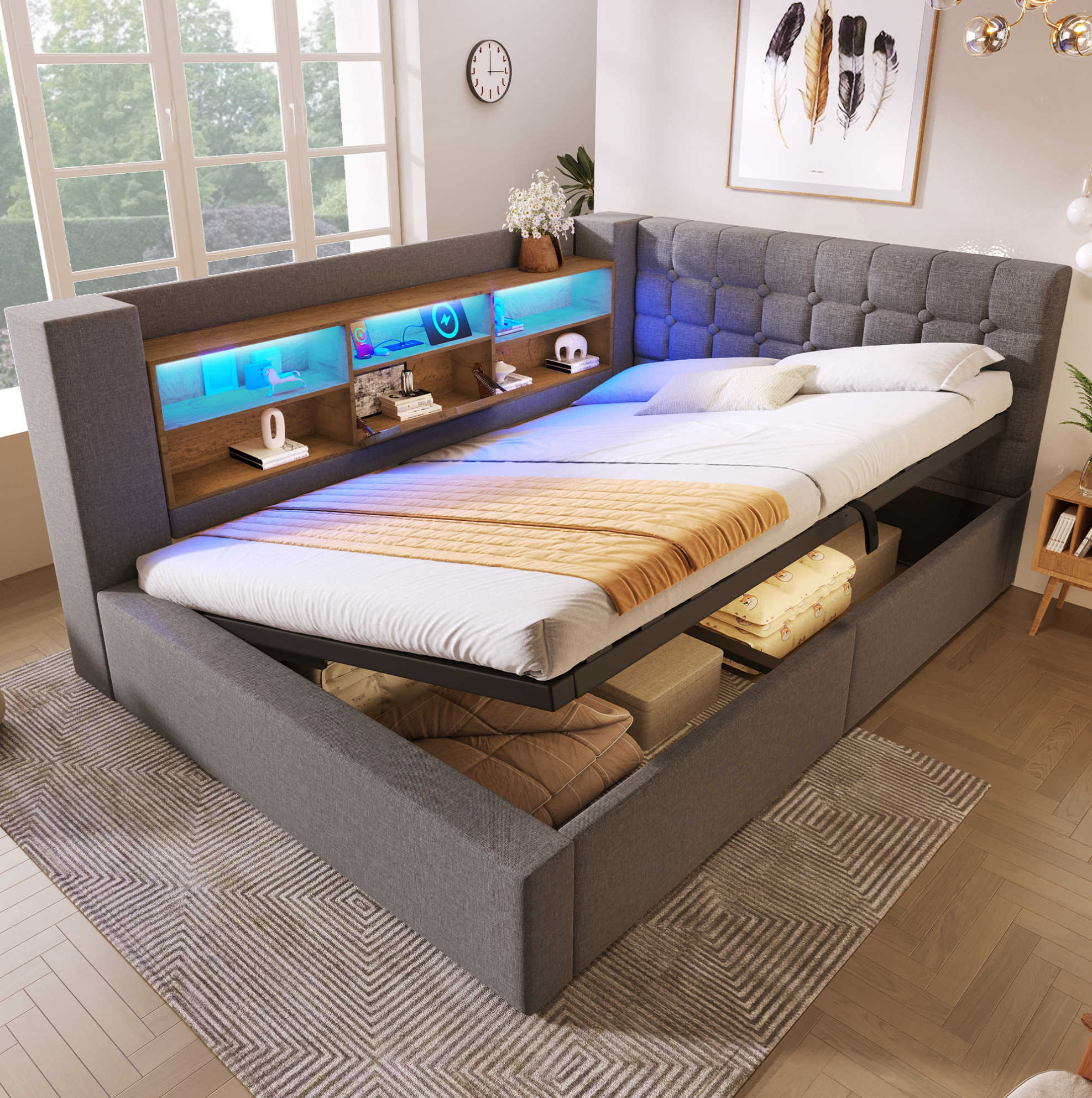 Redom - Lit Double 140x200 Cm Avec Led, Rangement Hydraulique, Tête De Lit En L Avec Ports Usb En Lin Gris (sans Matelas)