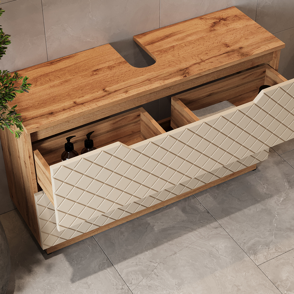 Meuble Sous Vasque Simple Lotta, Chêne/cachemire Avec Structure En Carreaux, 99.4x62.5cm Avec 2 Tiroirs, Vicco