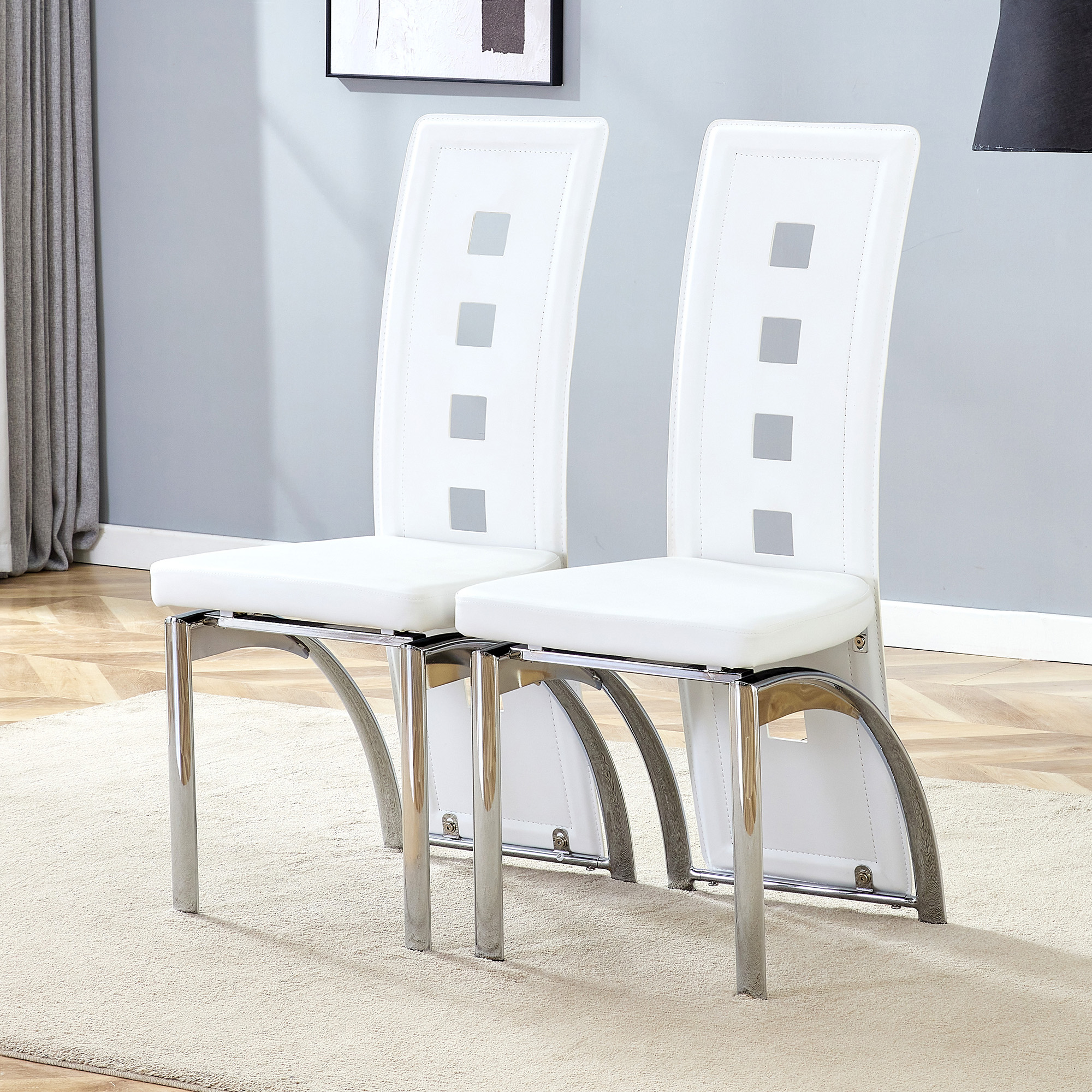 Redom - Lot De 2 Chaises De Salle À Manger, Dossier Ajouré Géométrique, Confort Prolongé, Métal Et Pu,blanc Mat Et Or