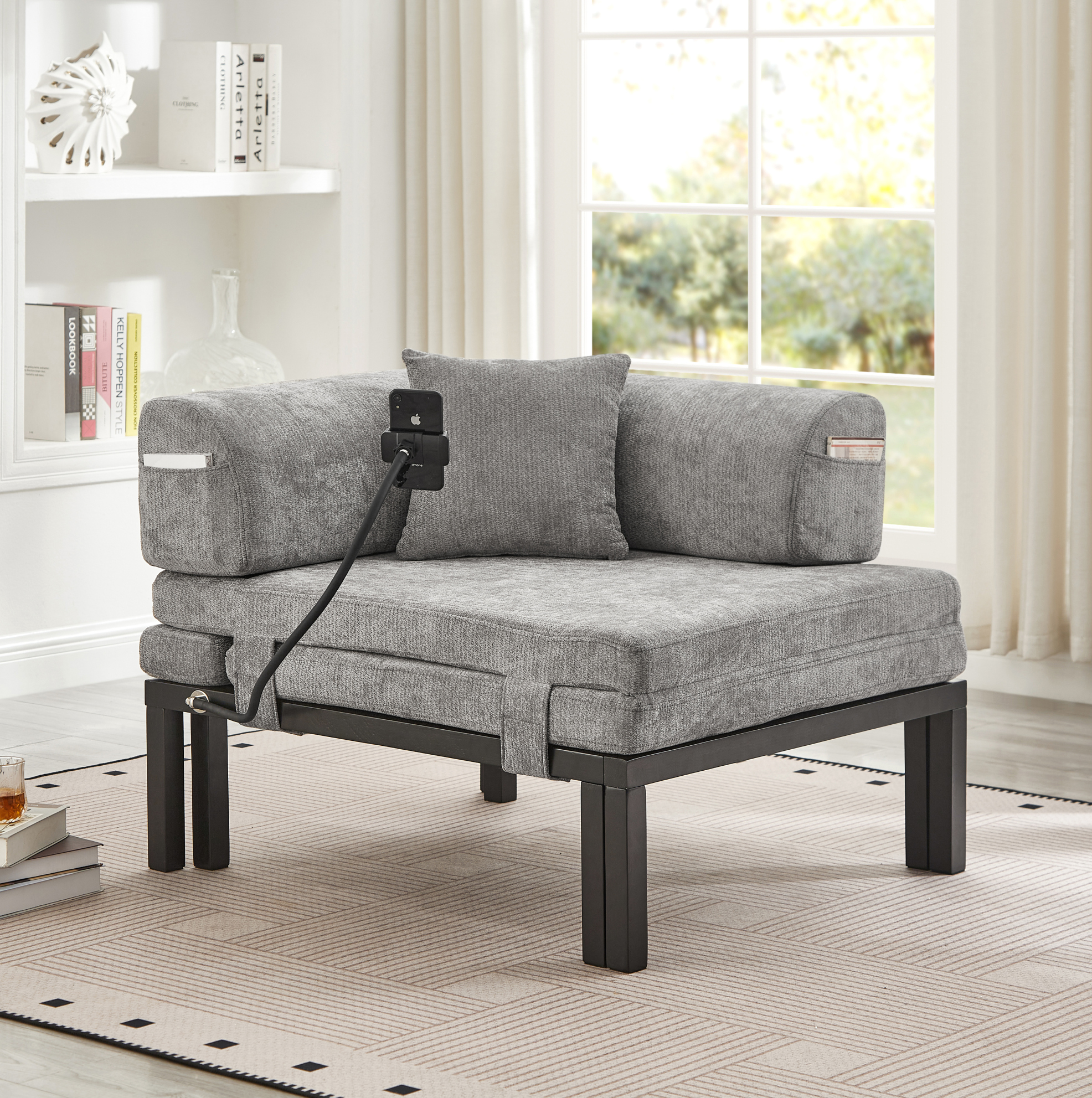 Canapé-lit Pliant 1 Place En Bois, Couchage Escamotable, Gris Clair, Velours, 176 X 81 X 64 Cm