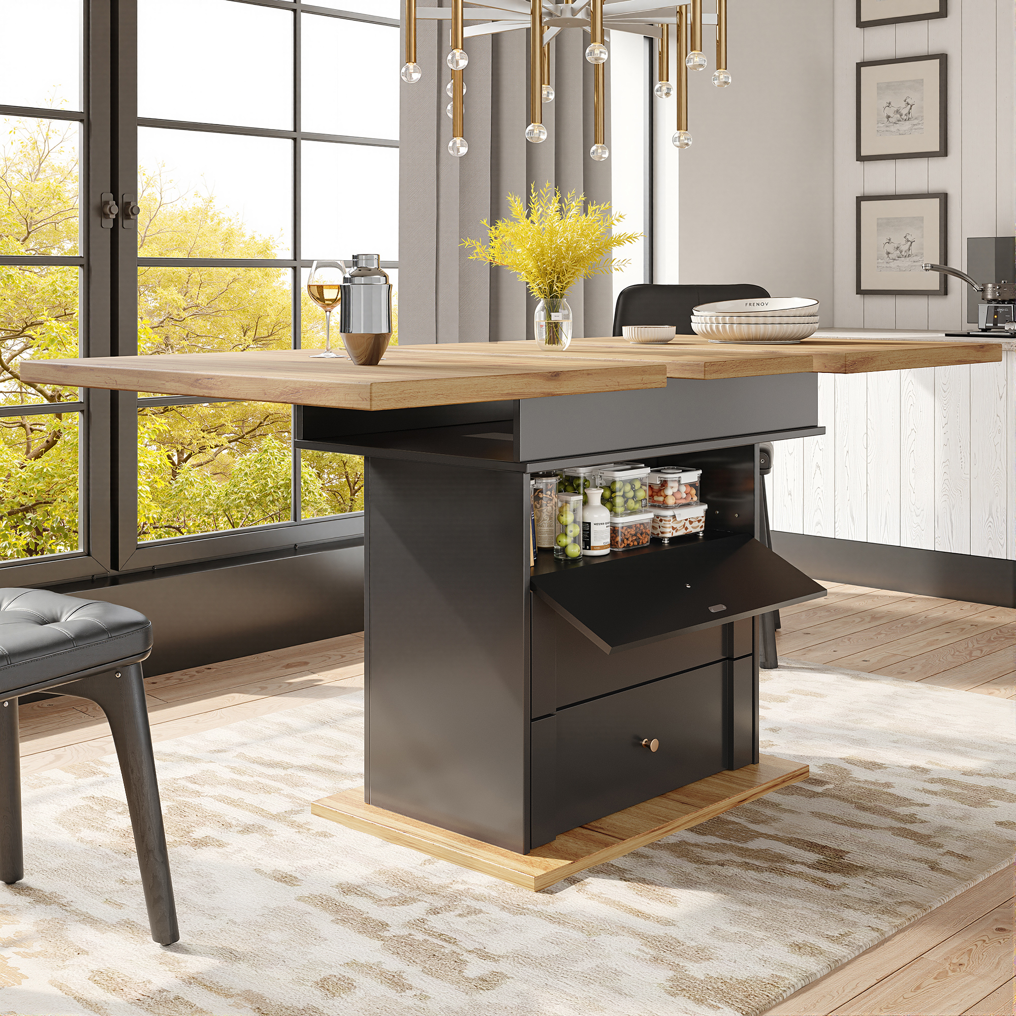 Redom Table À Manger Extensible 110-140x80cm, Extensible, Rangement Caché, Mdf, Noir Et Naturel