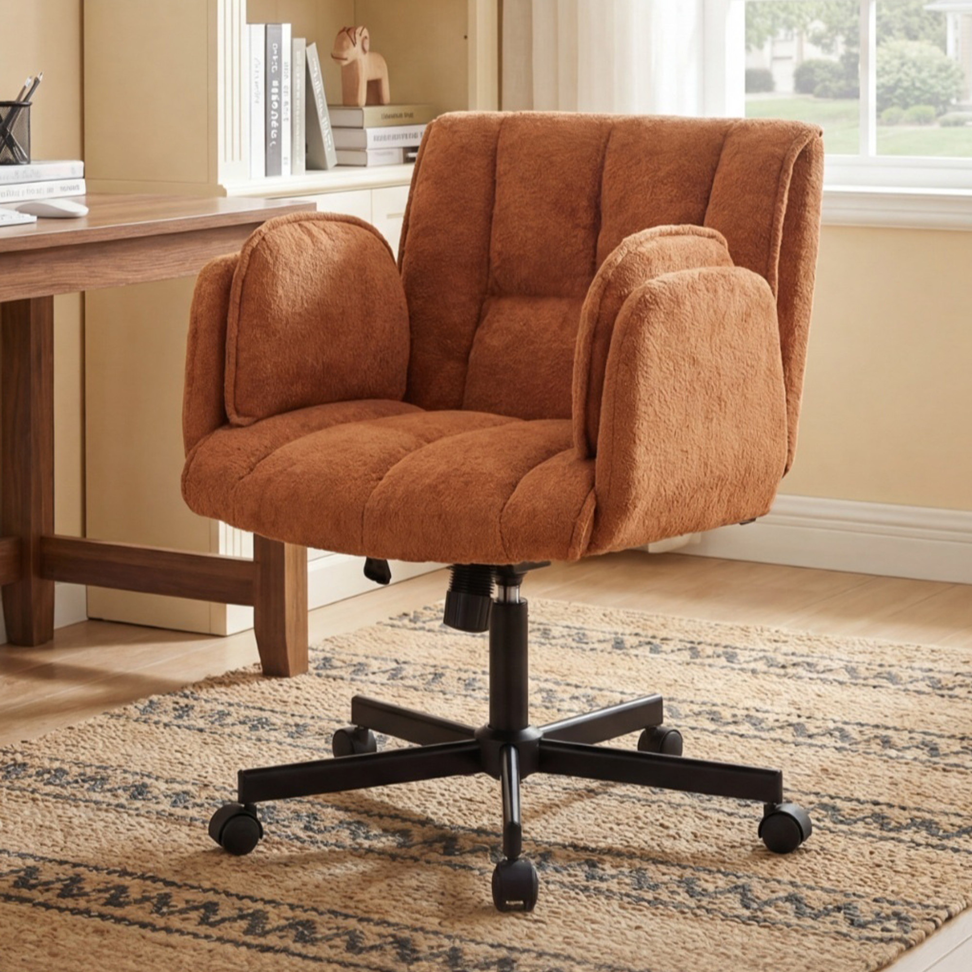 Chaise De Bureau Pivotante En Tissu Orange, Accoudoirs Rabattables, Hauteur Réglable, Roulettes