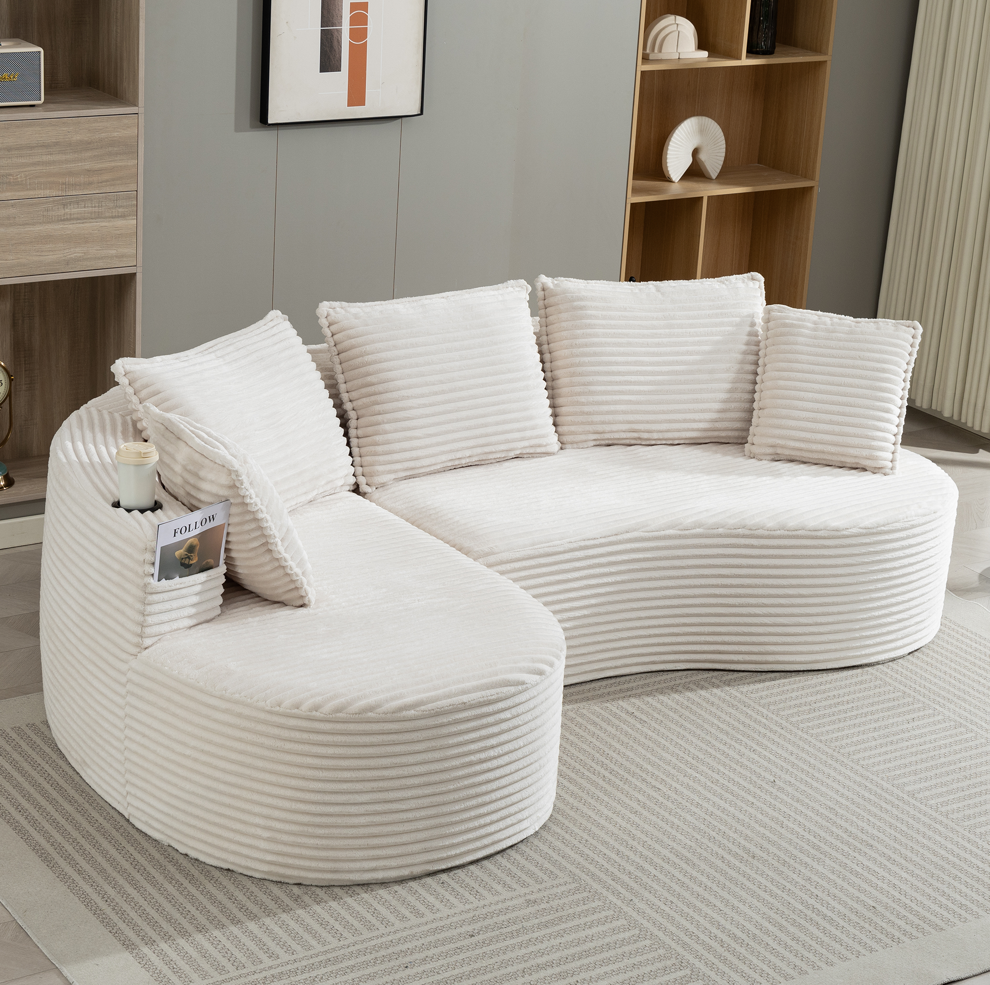 Canapé Avec Porte-gobelets, Poches Latérales Et Coussin, En Velours Côtelé Beige, 250x152x82 Cm