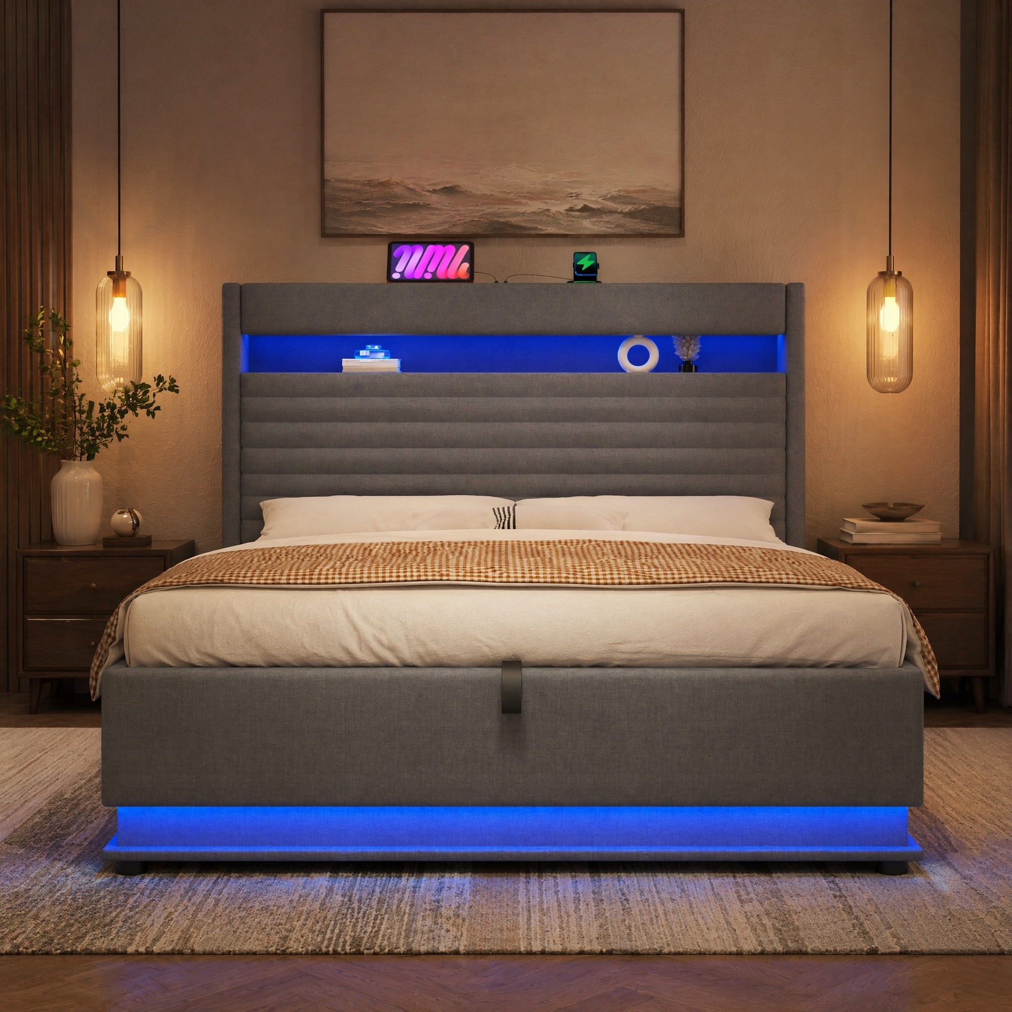 Lit Rembourré 140x200 Cm Avec Usb Type-c, Led, Rangement Hydraulique, Lin Gris, Redom