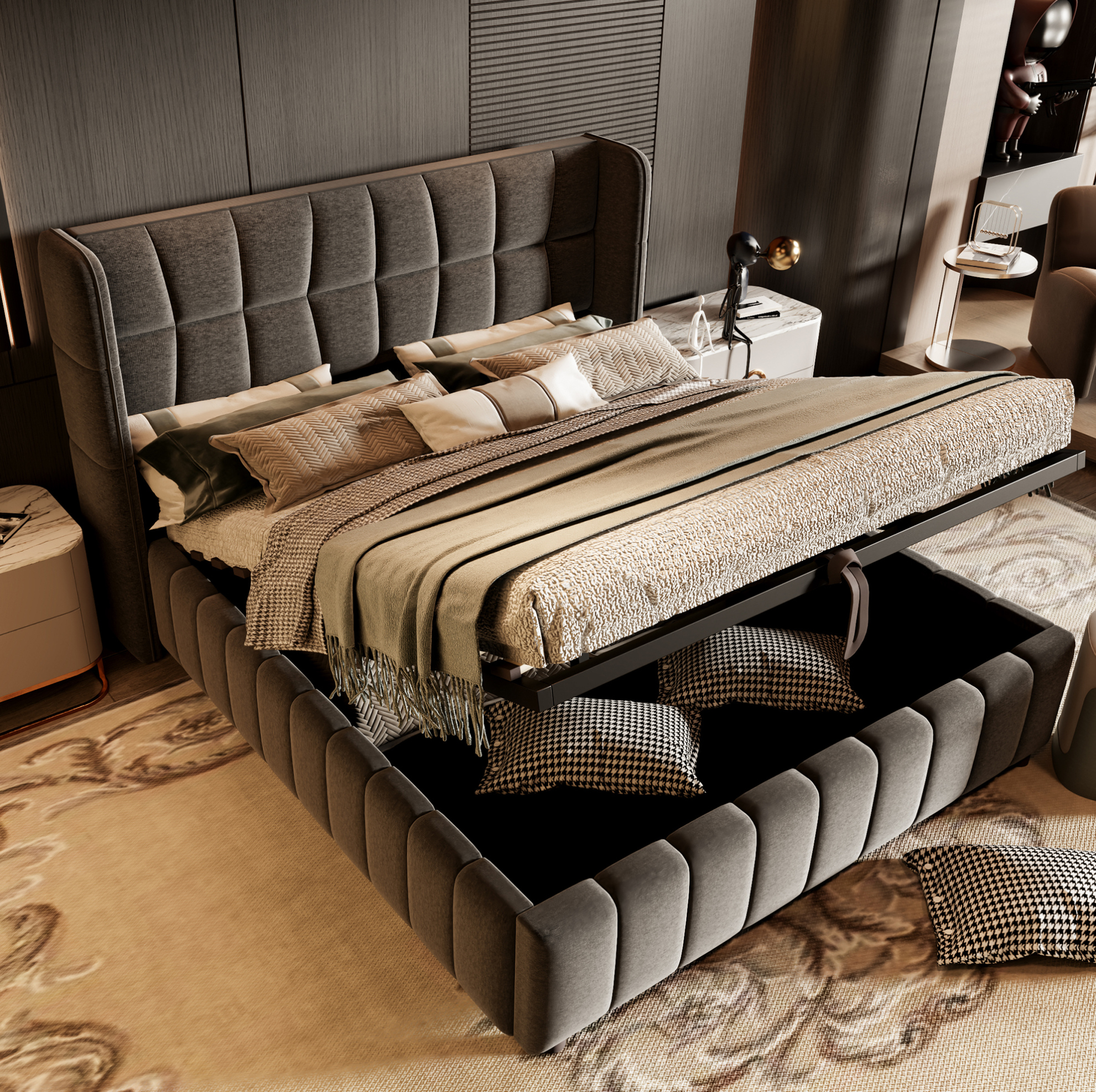 Lit Coffre Double 180 X 200 Cm Avec Sommier À Lattes, Tête De Lit, Tissu Gris, Redom