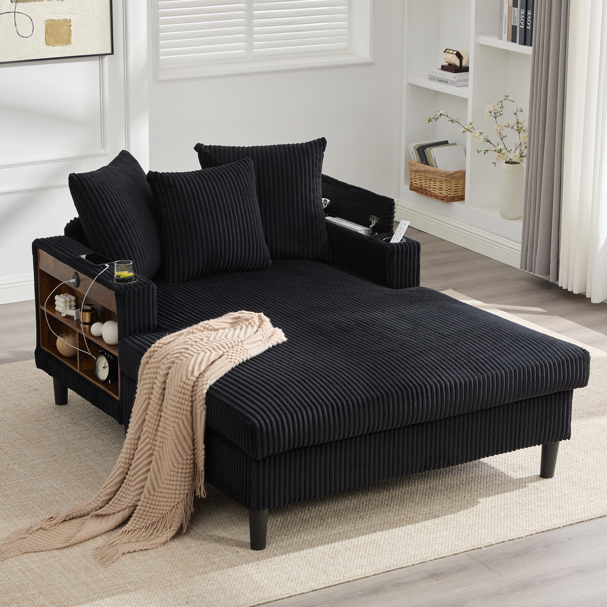Chaiselongue En Corduroy Noire 129 X 170 X 70 Cm Avec Led, Usb, Rangements Et Porte-gobelets