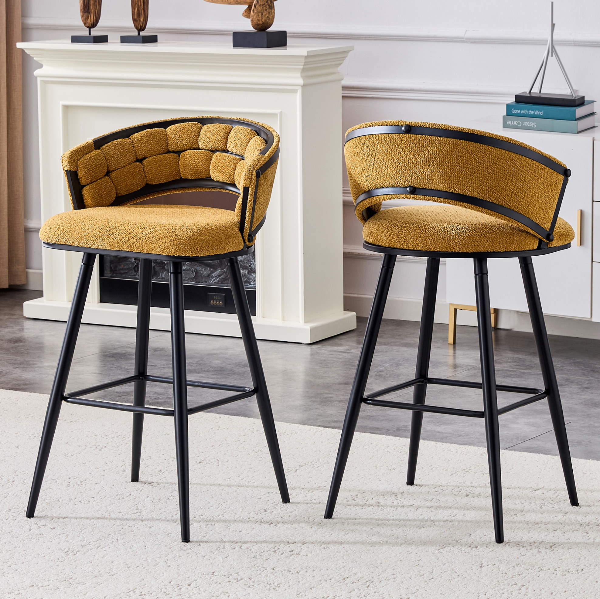 Lot De 2 Tabourets De Bar En Velours Jaune Avec Pieds En Métal Noir, 56 X 44 X 86 Cm