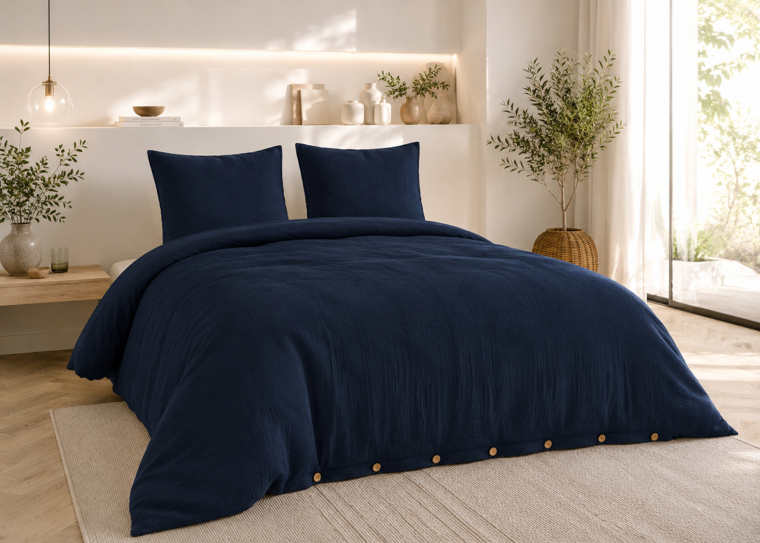 Parure De Lit 240 X 220 Cm Double Gaze De Coton Gaïa Marine + 2 Taies 60x60 Cm