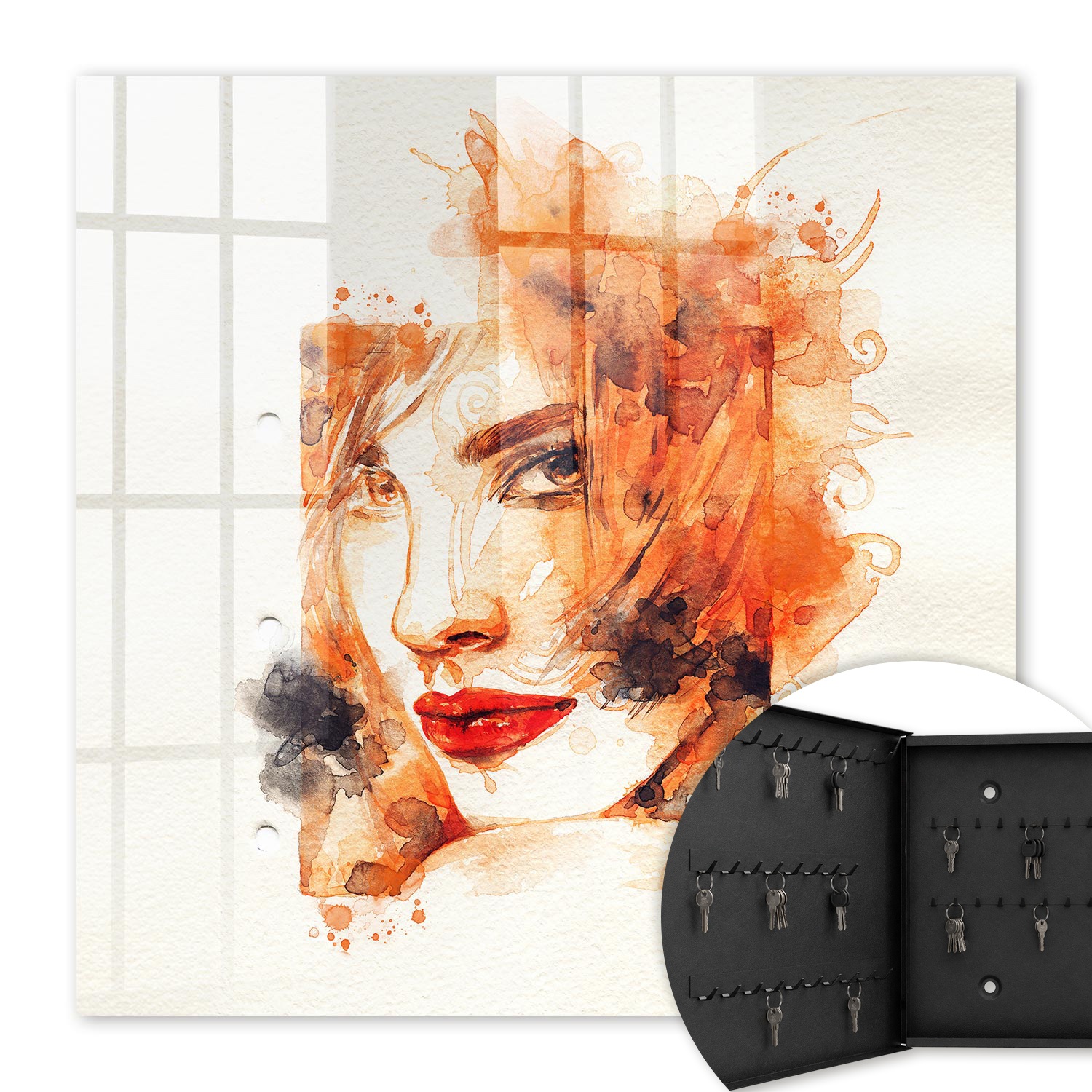 Armoire À Clés - (30 Cm X 30 Cm) - Boîte À Clés Murale - Coffret De Rangement Pour Clés - Couleur Noire - Ouverture Vers La Gauche - Pour Maison Et Bureau - Aquarelle Féminine
