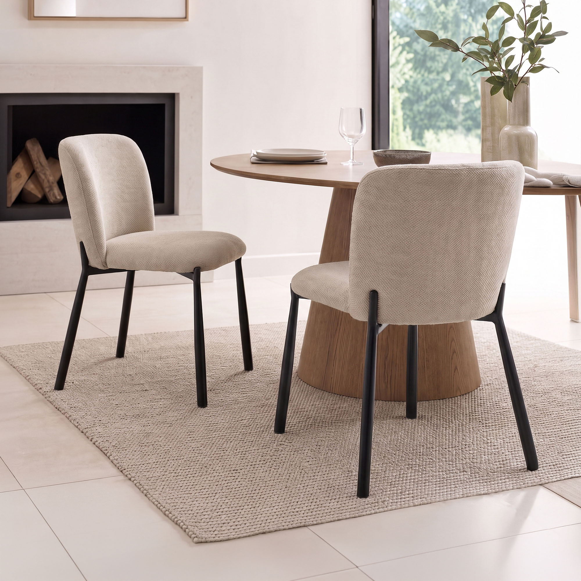 Lot De 2 Chaises Repas En Tissu Texturé Beige Et Métal Noir - Popki