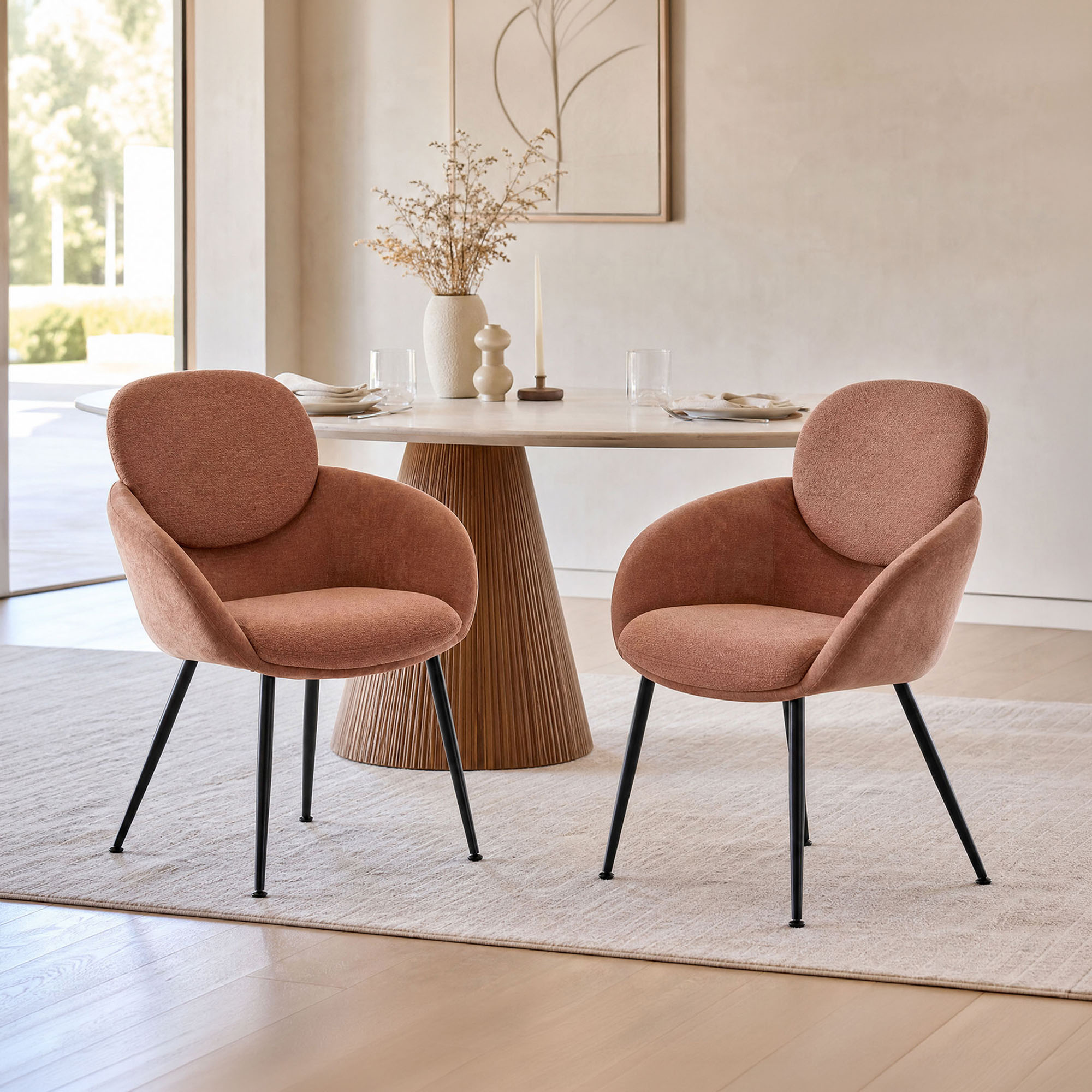 Lot De 2 Fauteuils Repas 67x90 Cm En Tissu Terracotta Et Métal Noir