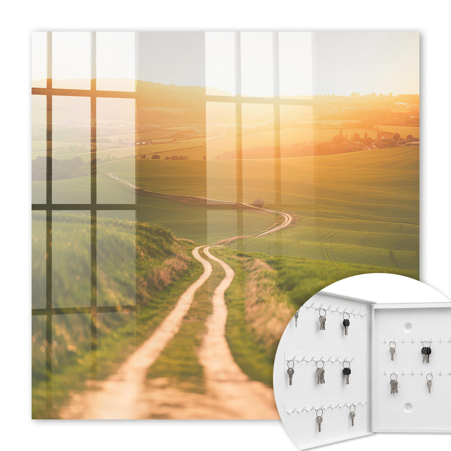 Armoire À Clés - (30 Cm X 30 Cm) - Boîte À Clés Murale - Coffret De Rangement Pour Clés - Couleur Blanche - Ouverture Vers La Gauche - Pour Maison Et Bureau - Paysage Pittoresque