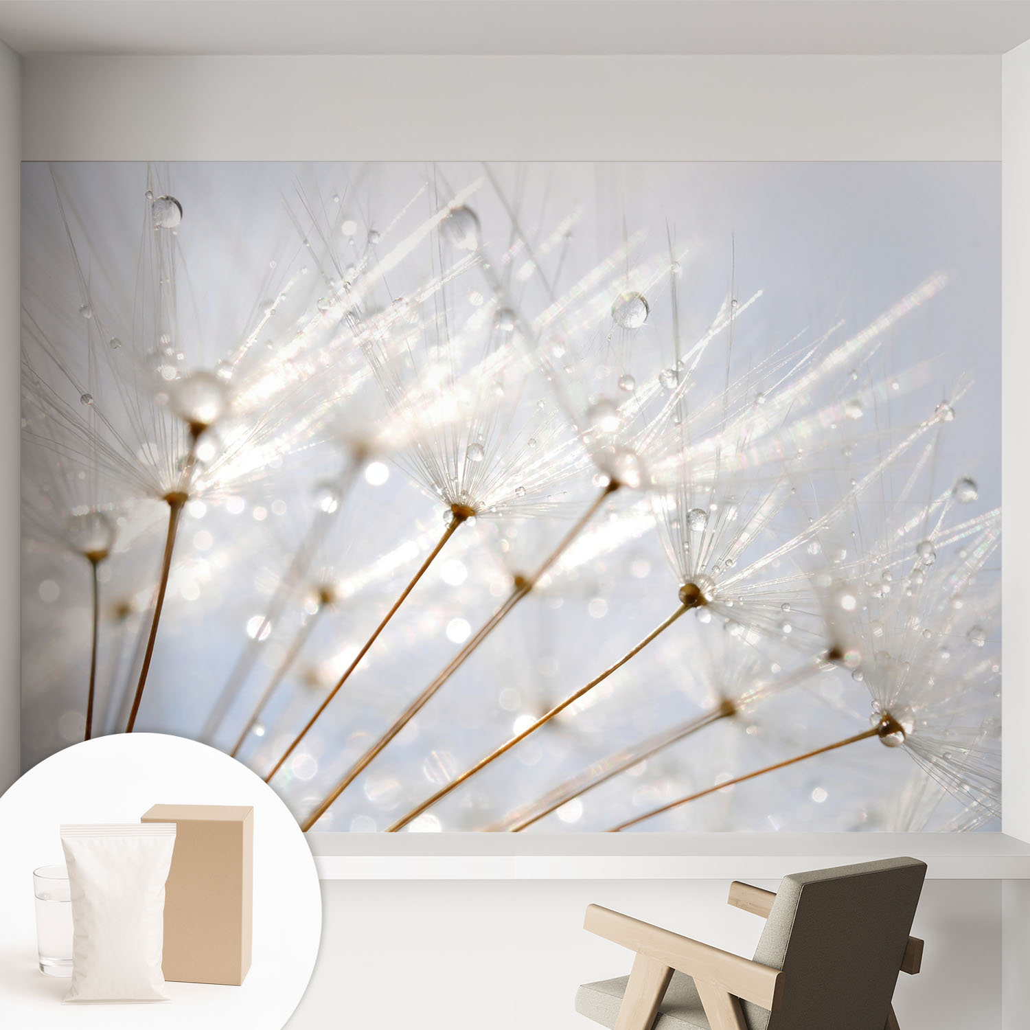 Papier Peint Intissé Mural Avec Imprimé Motifs Uniques Apparence Moderne - Colle Incluse Gratuite Pissenlit Couvert De Rosée 152x104 Cm